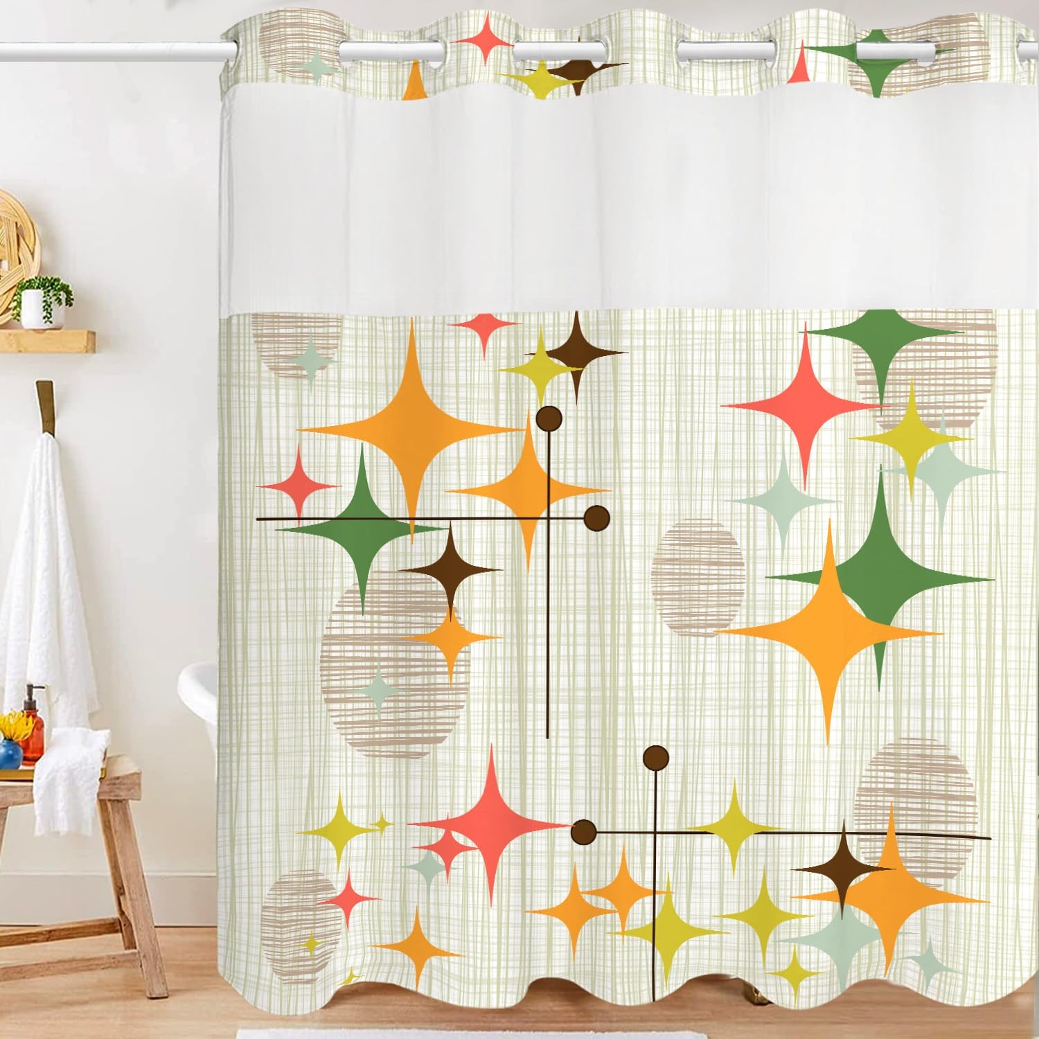 No Hook Shower Curtain with Snap in Liner Mid Century Modern Hookless Shower Curtains for Bathroom Retro Stars Abstract Vintage Boho Art Waterproof Fabric Bath Curtain Decor 71×74 in
