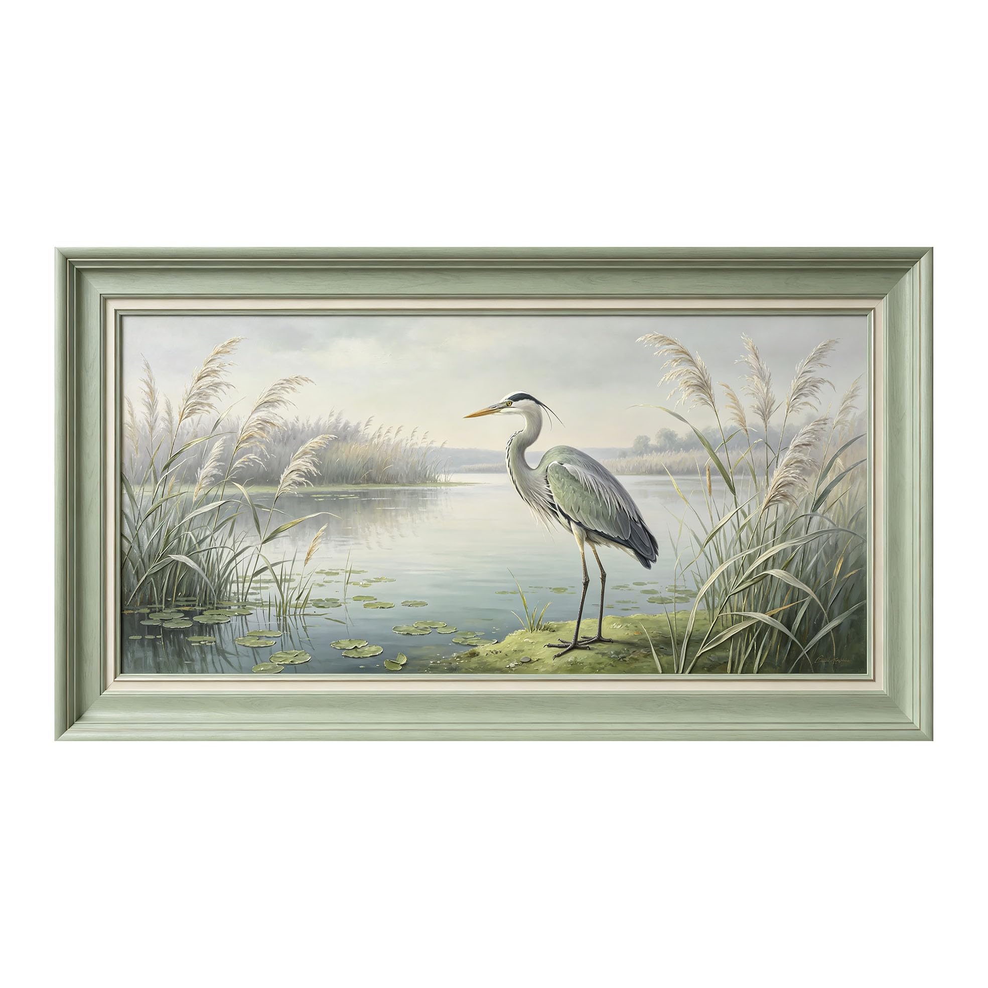 Yzpallescene 3D 3D Framed Wall Art 50cm×90cm Lake Heron Landscape Oil Painting Large Size SelfAdhesive Removable Wall Decor Prints Artwork for Living Room Bedroom Office