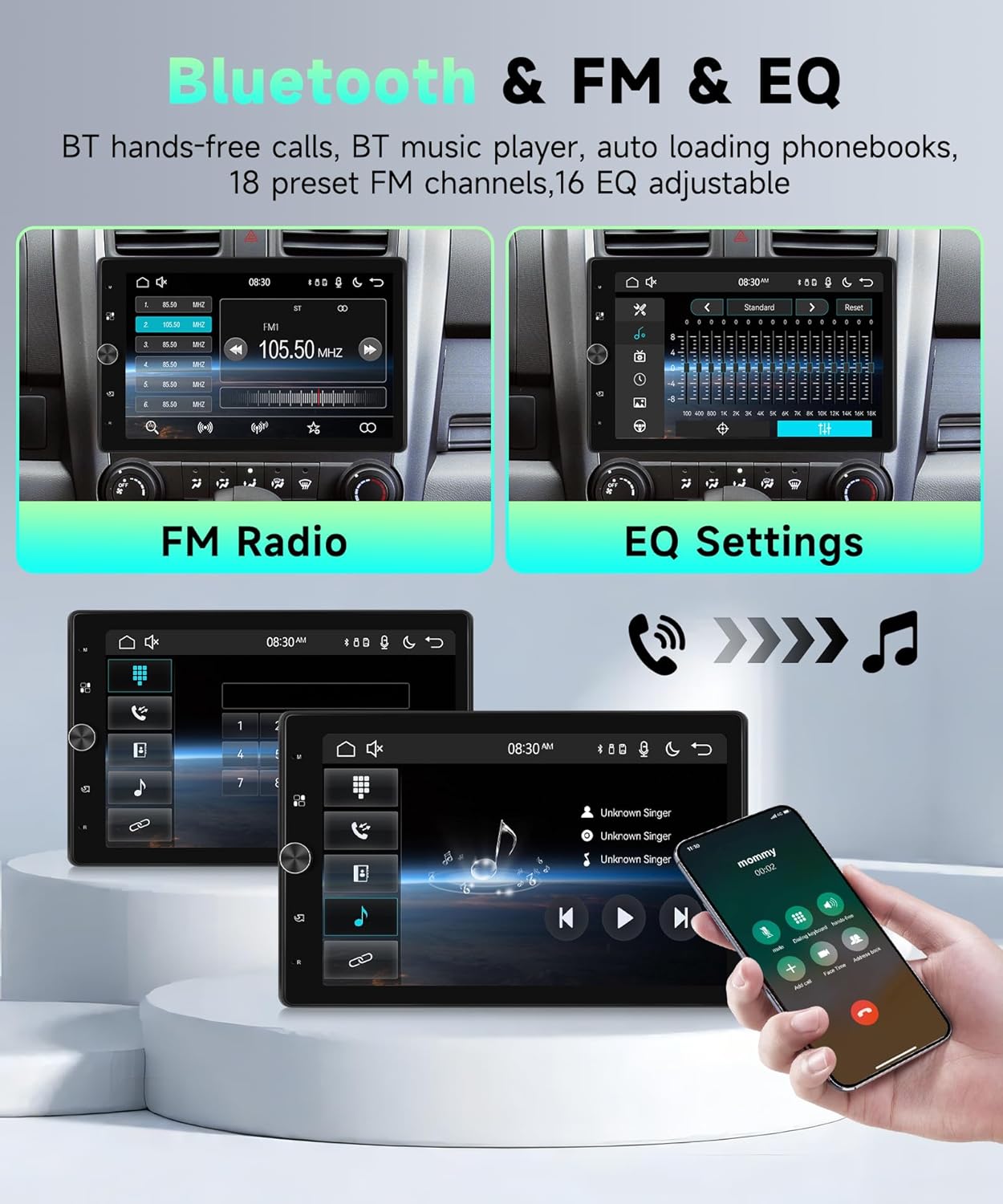 Screenshots showing the FM radio interface and the equalizer settings screen on the car stereo.