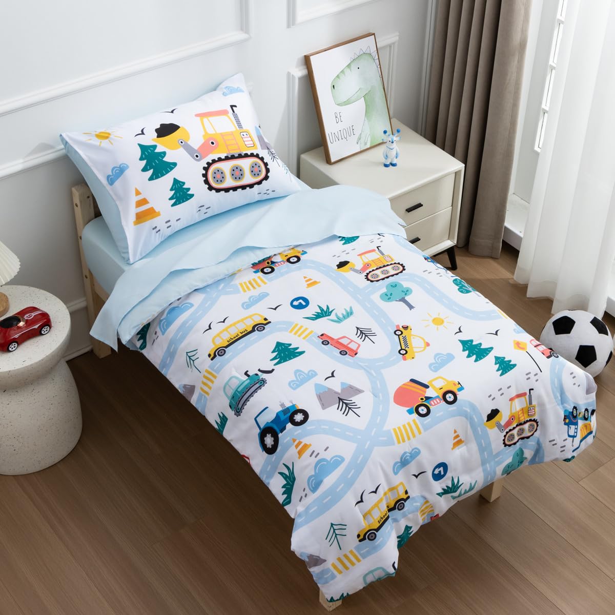 NTBED Set di biancheria da letto per bambini, 4 pezzi, con stampa di veicoli con camion, escavatori, include piumone, lenzuolo piatto, lenzuolo con angoli e federa, azzurro