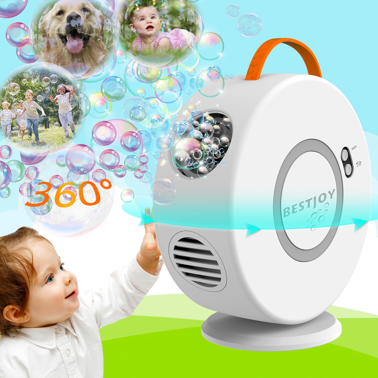Bubble Machine for Kids Toddlers Ages 1-3-5, Rechargeable Bubbles Blower Maker for Outdoor Birthday Parties, Automatic Rotating 90°&360° Bubble Toys