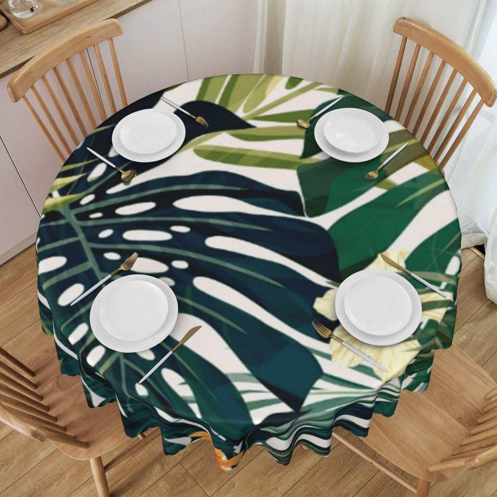 DCEHGEW 60 In Round Tablecloth with Lace, Tropical Summer Hawaiian Flower Palm Leaves Printed Oilproof & Washable Fabric Picnic Table Cloth Table Covers