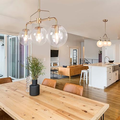 Miniatura 4 de Lámpara de araña, lámpara de araña dorada lineal de 3 luces, lámpara moderna de globo de 25.5 pulgadas para comedor, isla de cocina, pantallas de