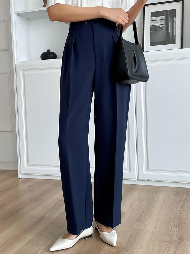 SECOLI Women's Straight Wide Leg Trousers Pants Navy Blue SECOLI Women's Straight Wide Leg Trousers Pants Navy Blue