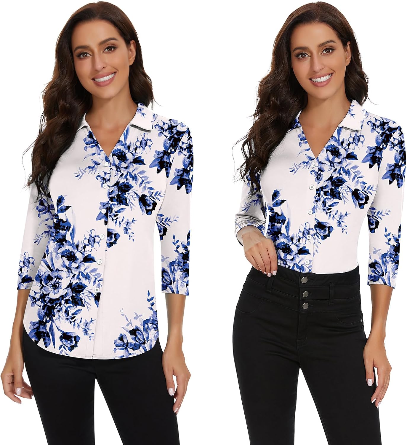 3/4 Sleeve Floral Button Down Shirt Women 3/4 Sleeve Polo Shirts Work Blouse - Image 3