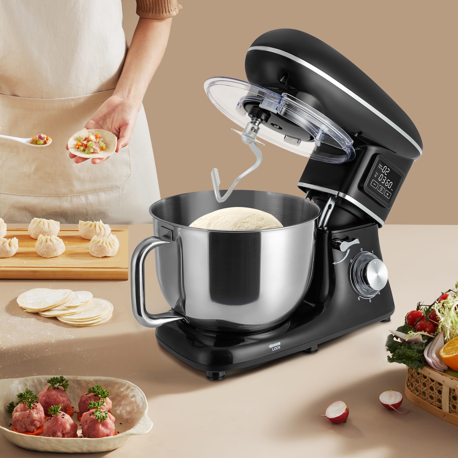 Robot kuchenny 1500 W z wyświetlaczem LCD, wielofunkcyjny robot kuchenny z prędkością 6 + 1, mikser 6,2 l, w zestawie trzepaczka do jajek, ubijak i hak do zagniatania, urządzenie do mieszania z
