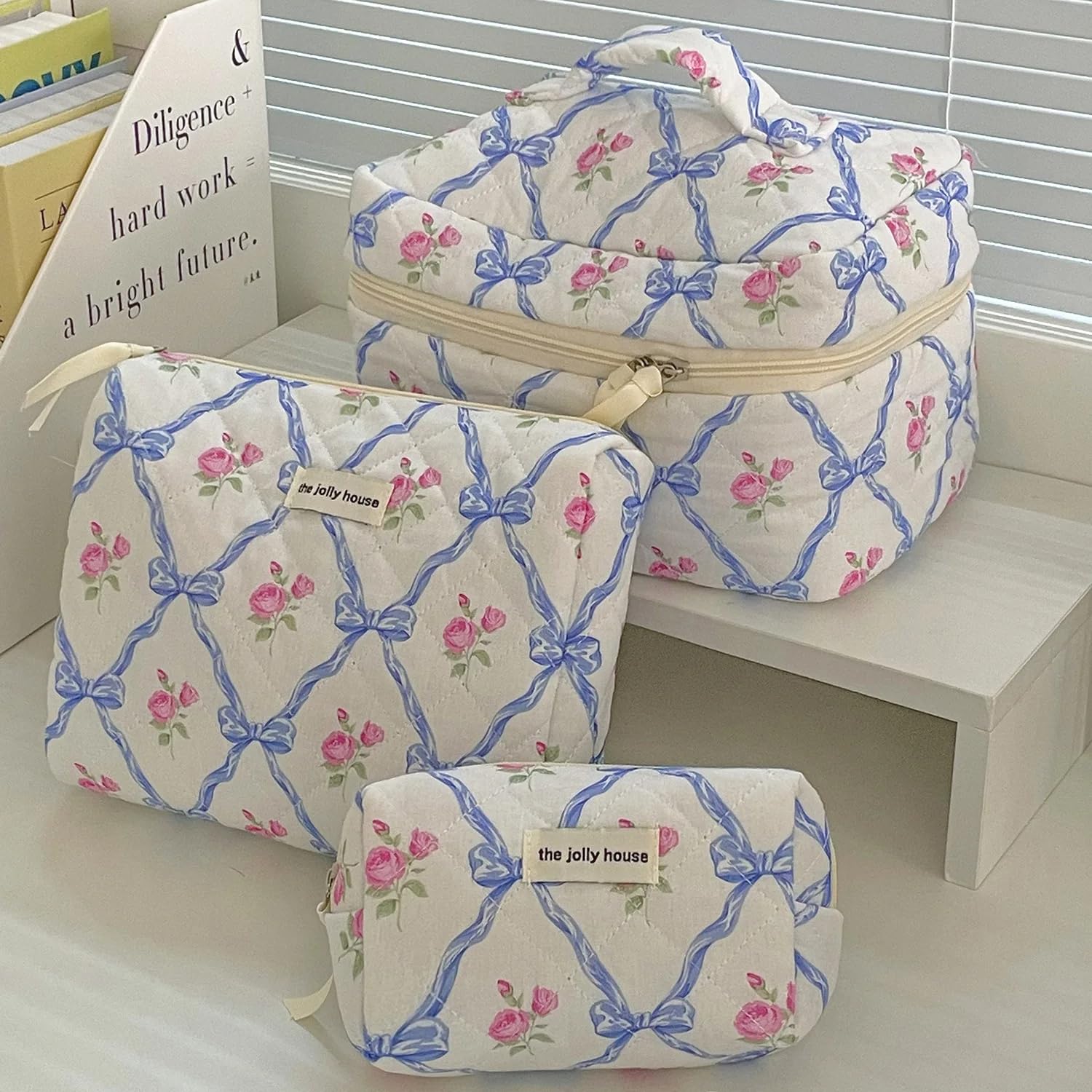 Borsa per Il Trucco con Grazioso Fiocco e trapuntatura Floreale, Borsa per Il Trucco da Donna in Cotone con Cerniera, Organizer cosmetico da Donna in Tessuto, Borsetta Portatile da
