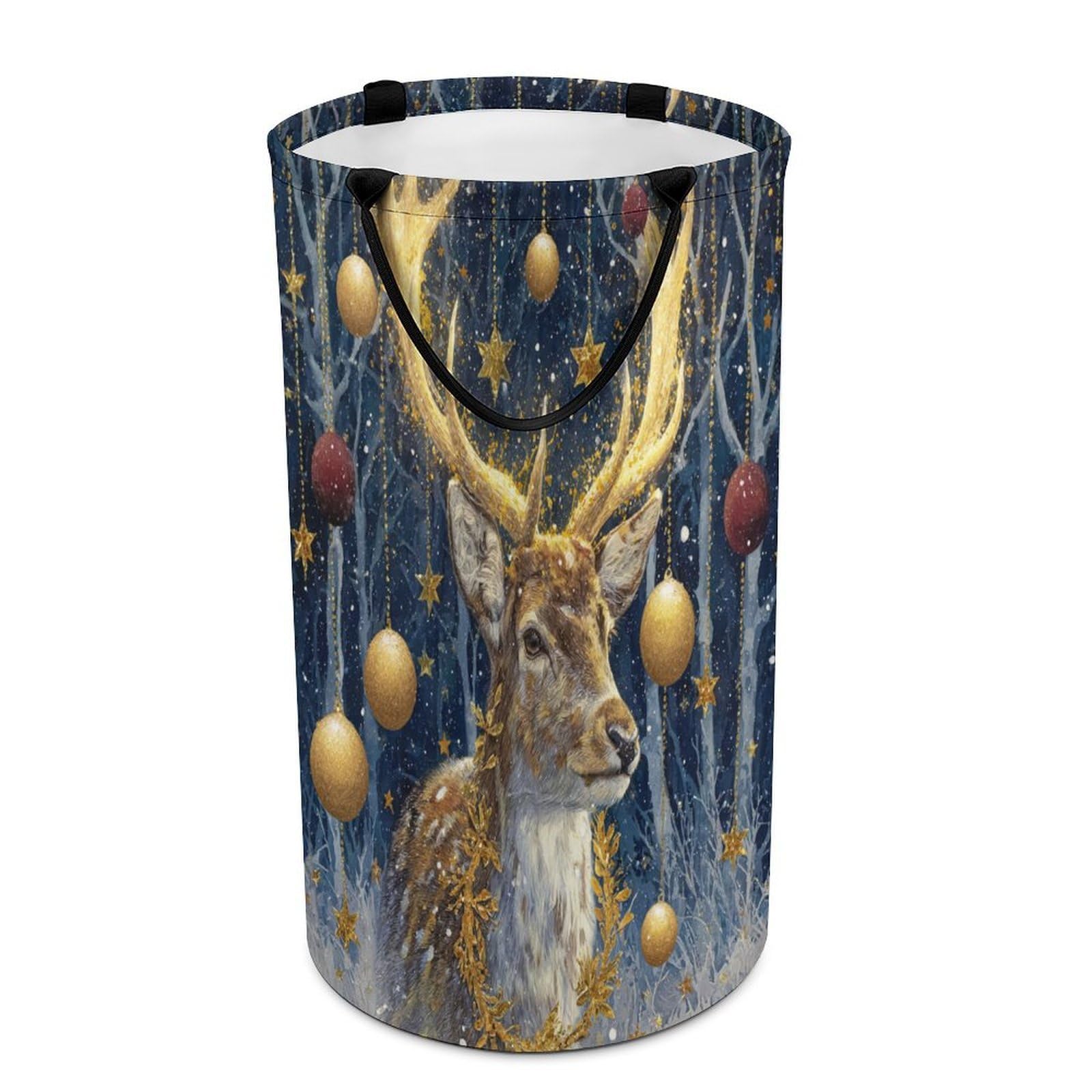 LUYYSKY Classic Aesthetic Animal Elk Versatile Storage Laundry Basket, Vintage Rustic Merry Christmas Winter Snowy Scenery Wildlife Deer Large Bathroom Laundry Hamper With Handle-40 CM Dia, 69 CM High
