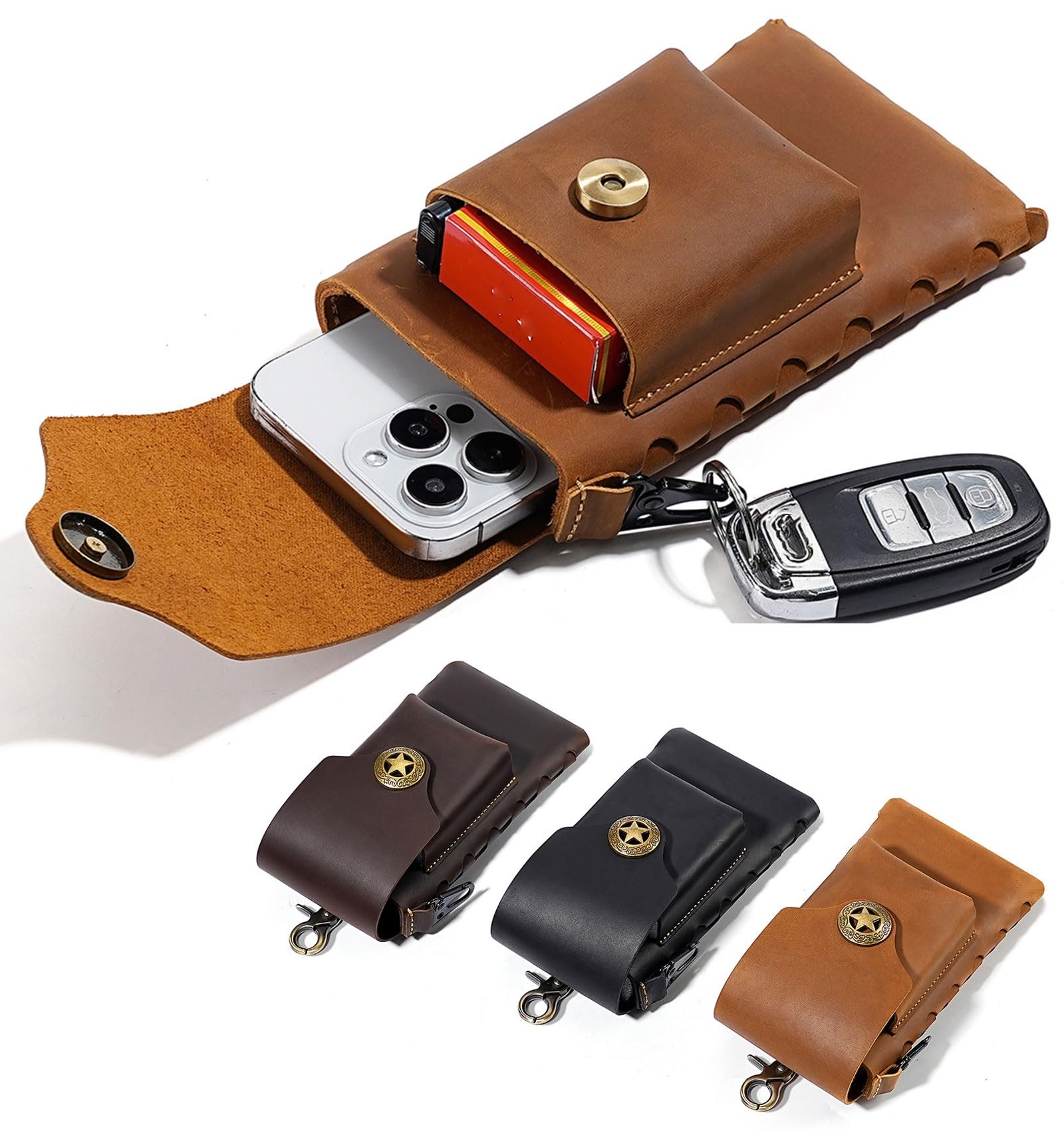 Marsupio mobile da uomo, organizer in pelle con clip in metallo e chiusura magnetica, ideale per attività all'aperto, pesca, caccia, lavori edili, Marrone chiaro