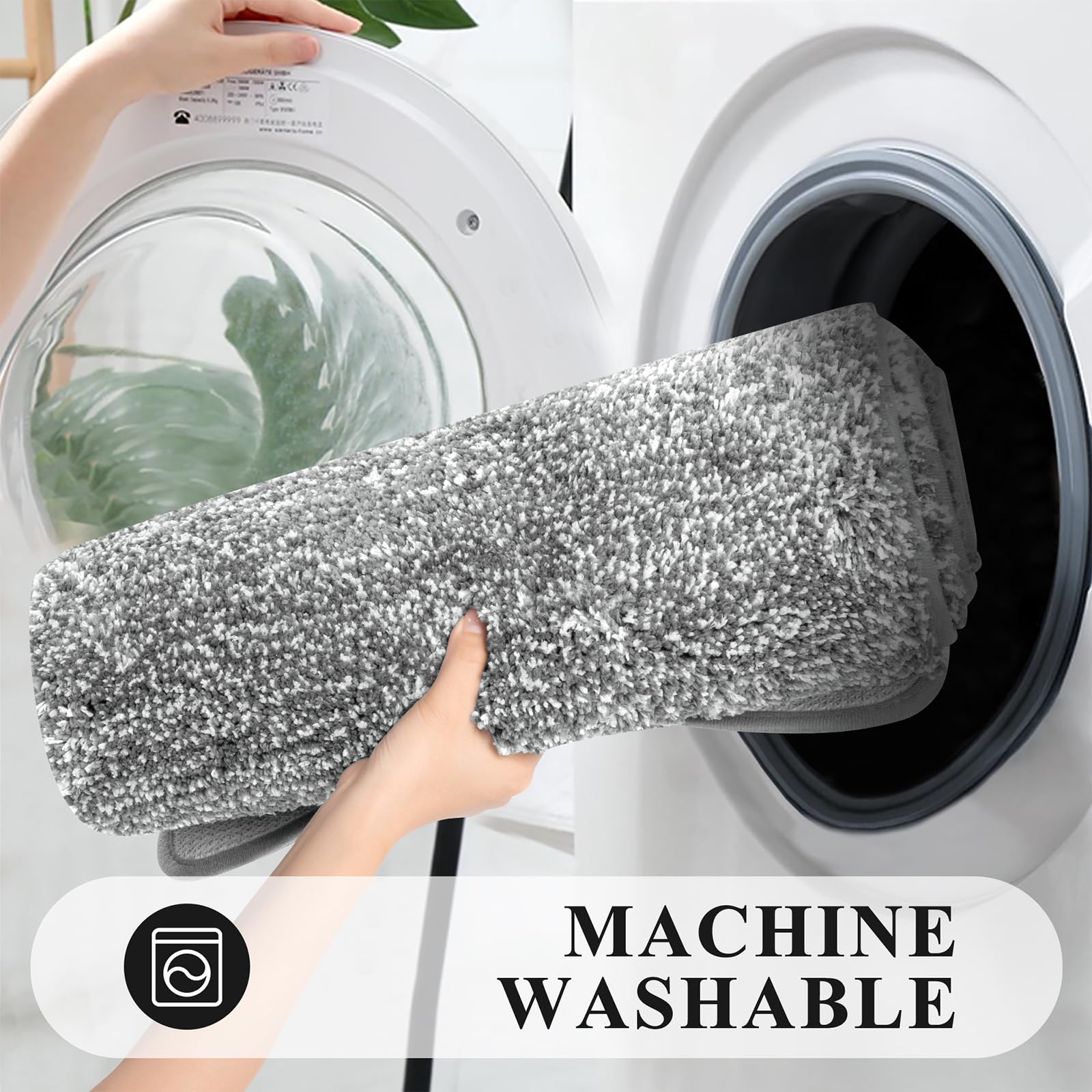 Pauwer Lot de 3 tapis de salle de bain à poils longs avec contour en forme de U et peluche absorbante, en microfibre absorbante, lavable en machine, gris
