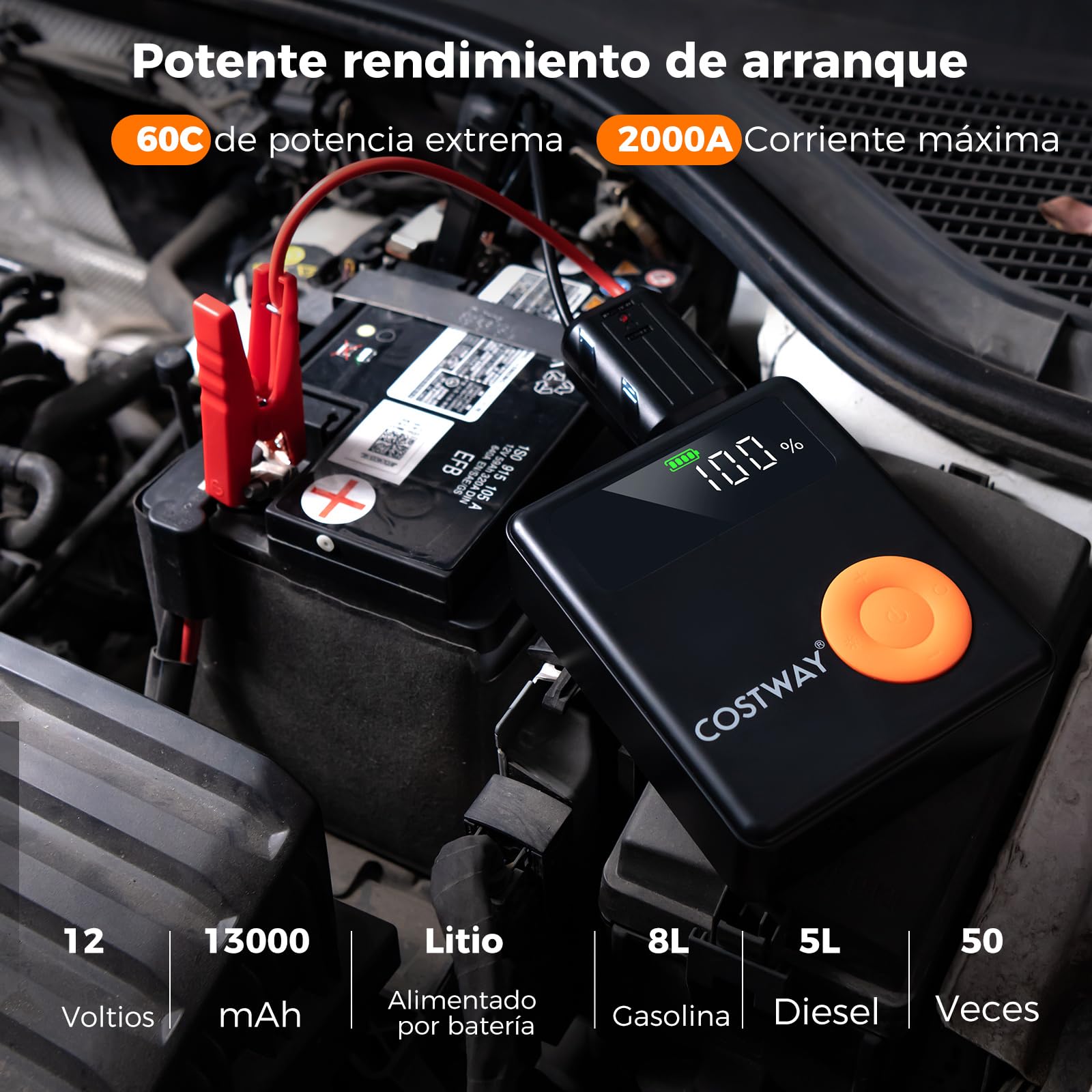 COSTWAY Arrancador de Batería de Coche, 2000A 12V 13000mAh con Compresor de Aire, Inflador de Neumáticos Digital de 150PSI, Pantalla LED, y Luz de Emergencia, para 8L de Gasolina y 5L de Diésel