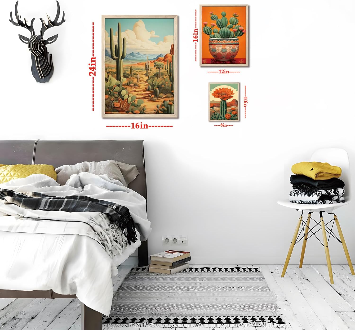 木製フレームサボテンキャンバスウォールアート、砂漠植物ポスタープリントセットo3 20.3x25.4cm