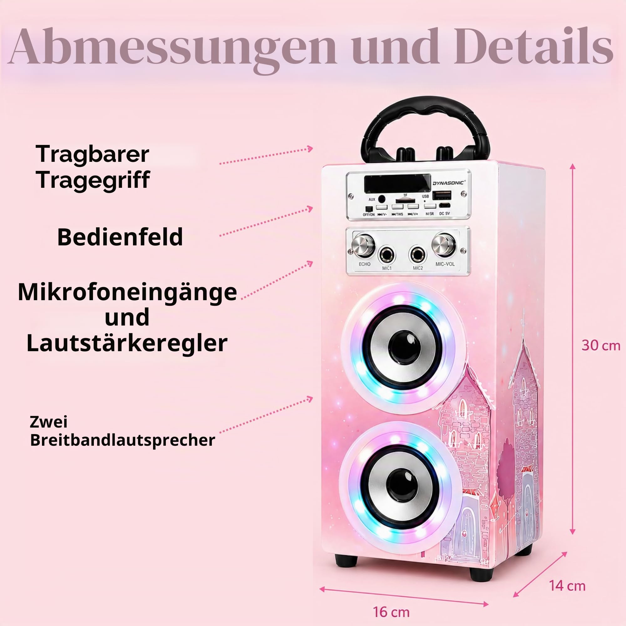 DYNASONIC Karaoke mit 2 Mikrofonen, tragbarer Karaoke-Maschine, Bluetooth-Lautsprecher, USB- und SD-Kartenleser, Lichter, Geschenk für Kinder von 5 bis 13 Jahren (Model 19)