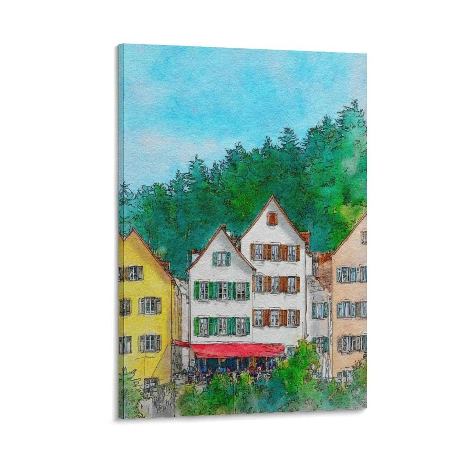 Cnaheiz Frame-Style Tubingen Germany 24X36inch(60X90cm) Vintage Travel Poster Watercolor Canvas Art