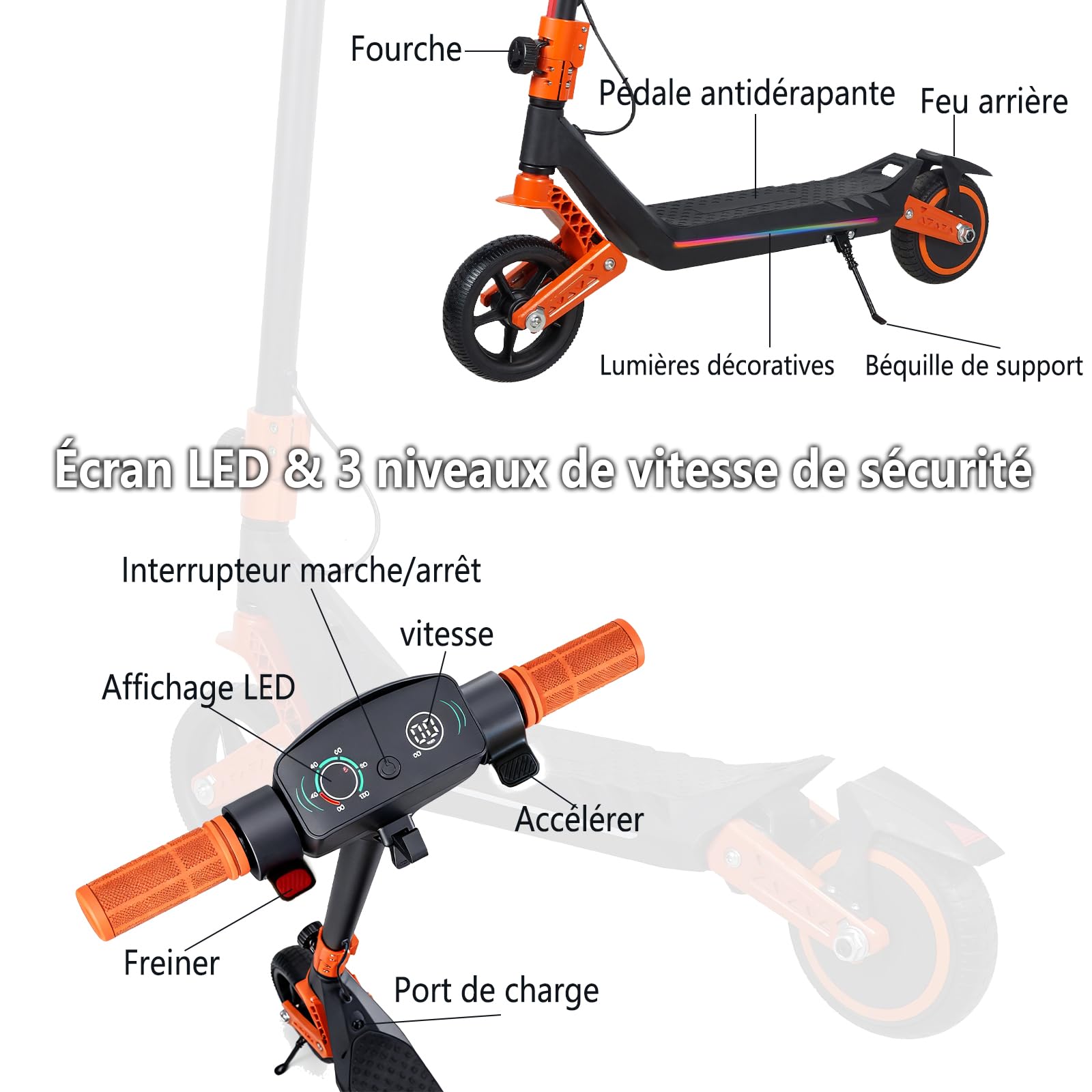 Trottinette Électrique pour Enfants, Scooter électrique Pliable avec Double Suspension Avant/Arrière écran LED et néons, Pneus Pleins 6.5", 3 Vitesses Autonomie 12 km, Charge Max 70 kg