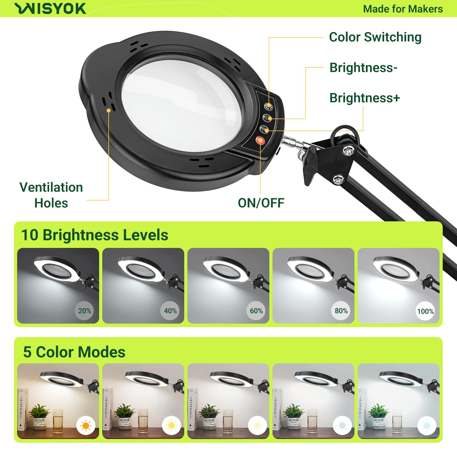 WISYOK Lupe mit Licht und Ständer, 10x LED Lupenleuchte mit Groß Schwenkarm, 5 Farbmodi 10 Stufenlos Dimmbare, 2in1 Lupenlampe mit Klemme und Basis, Leselupe für Senioren, Tischlupe, Sehbehinderte