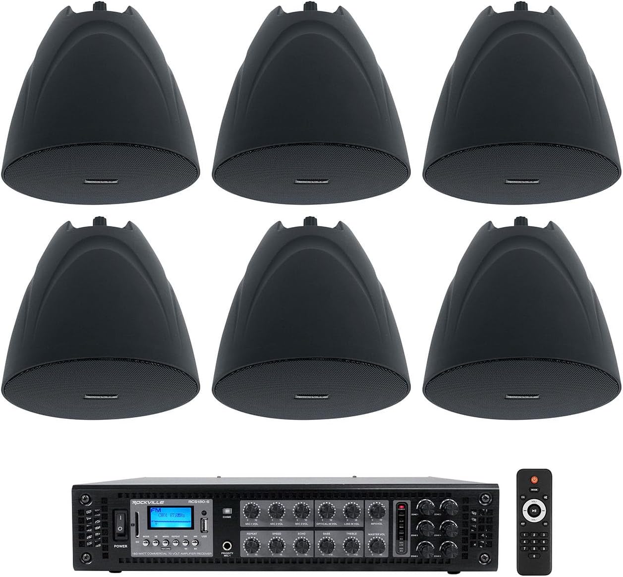 Rockville RCS180-6 Bundle: 180 Watt 6 Zone 70V Commercial Amplifier, (6) PEN-525T Black 5.25 in Hanging Pendant Speakers for Restaurants and Cafes, 7-Items