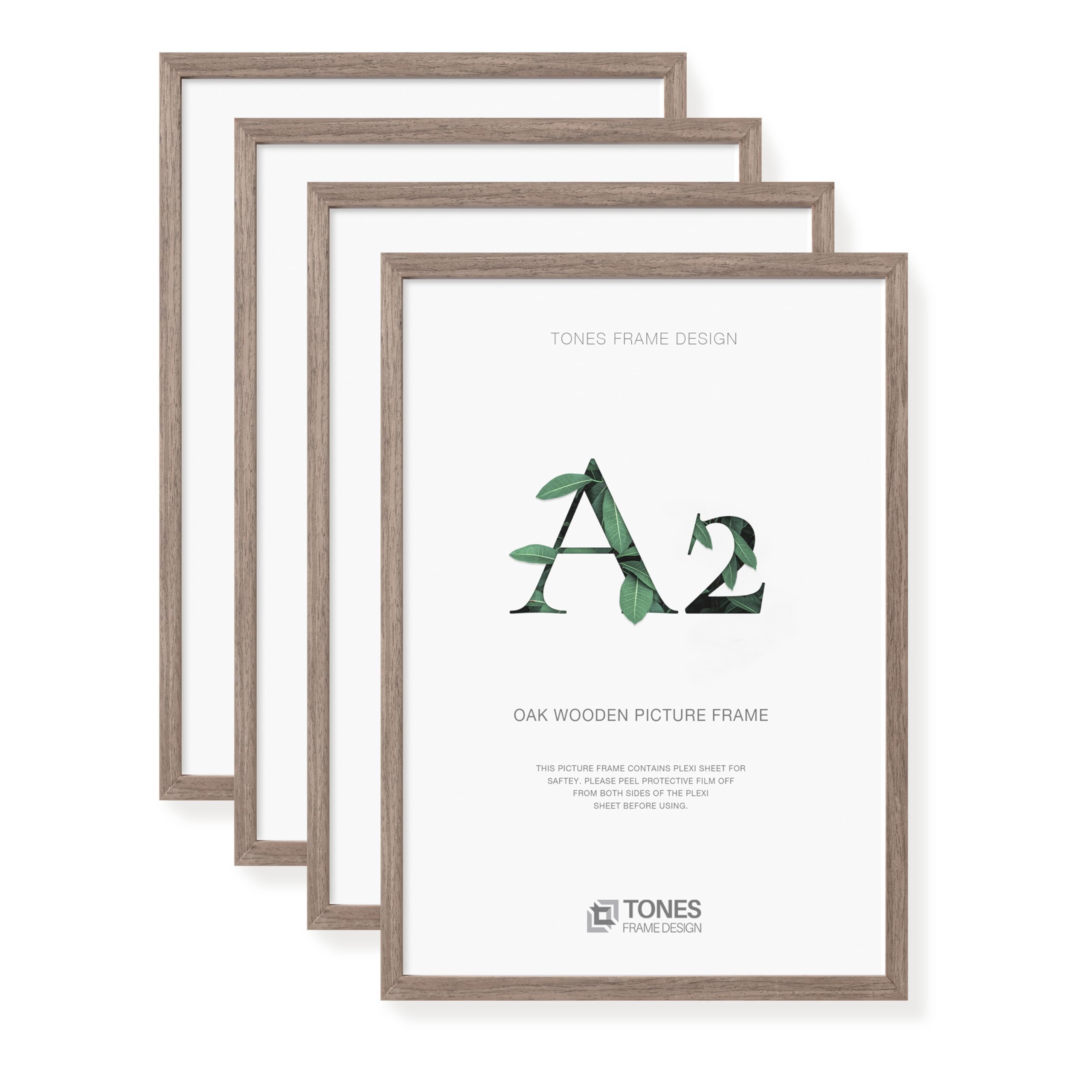 TONES FRAME DESIGN A2 Frame 4 Pack, 42 x 59.4 cm Wooden Picture Frames with Brown Oak Veneer, Shatter-Resistant Plexiglass, A2 Photo Wall Frames for Portrait or Landscape, Posters, Prints, Artwork