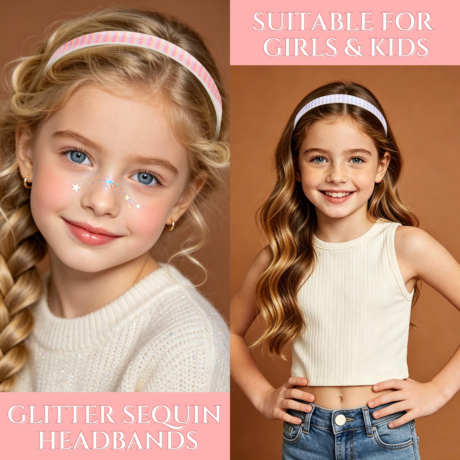 8 fasce per capelli glitterate per ragazze, fasce per capelli arcobaleno sottili con denti scintillanti accessori per capelli con paillettes colorate per bambini e donne