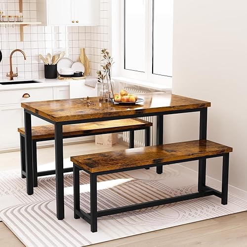 Miniatura 4 de Recaceik Juego de mesa de comedor de 47 pulgadas para 4, mesa de cocina de 3 piezas con 2 bancos, juego de mesa y sillas de cocina de madera, juego