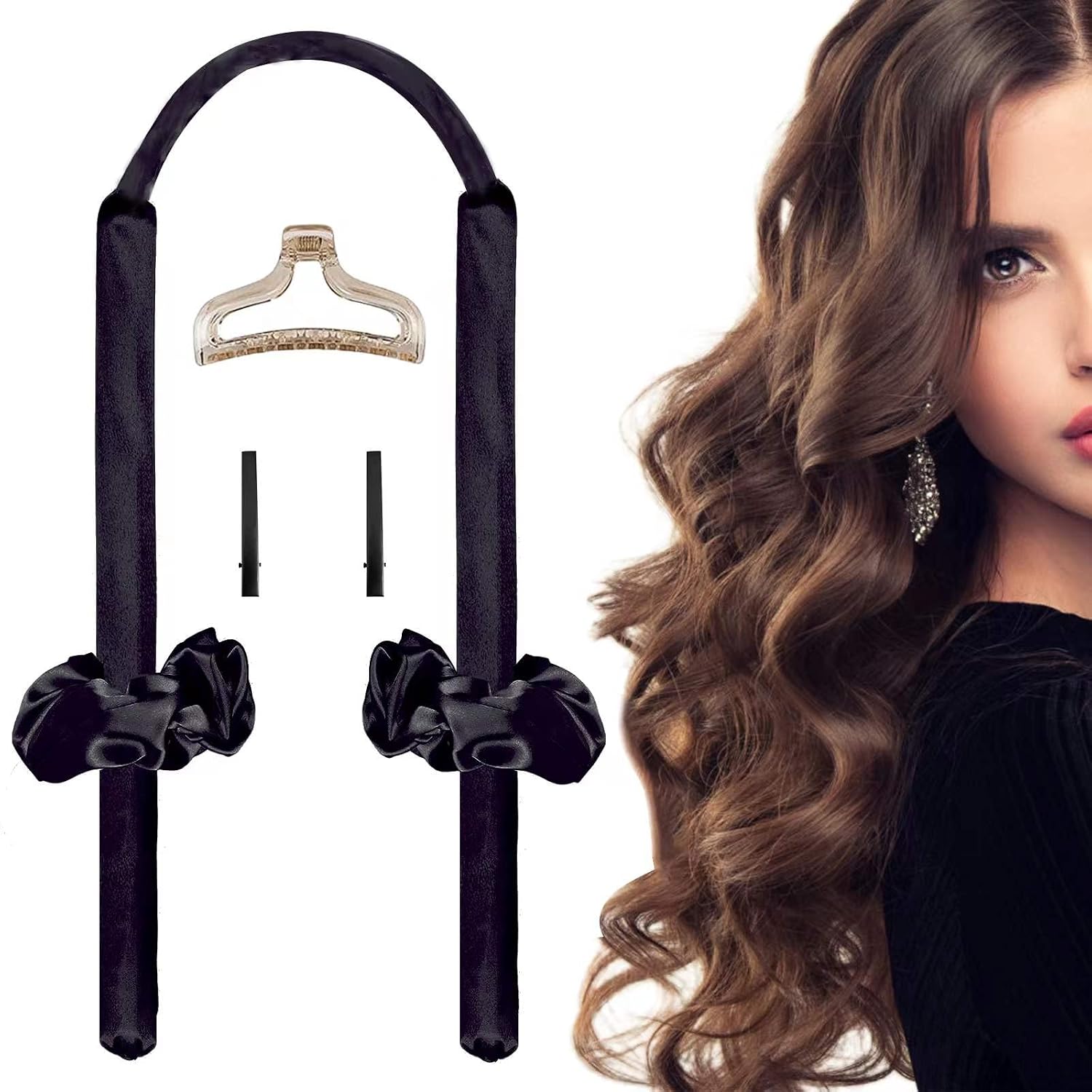 Heatless Hair Curlers for Long Hair, No Heat Curl Ribbon Design with Hair Clips and Scrunchie, Overnight Silk Heatless Curls Headband, Soft Heatless Curling Rod Headband for Natural Hair (Black)