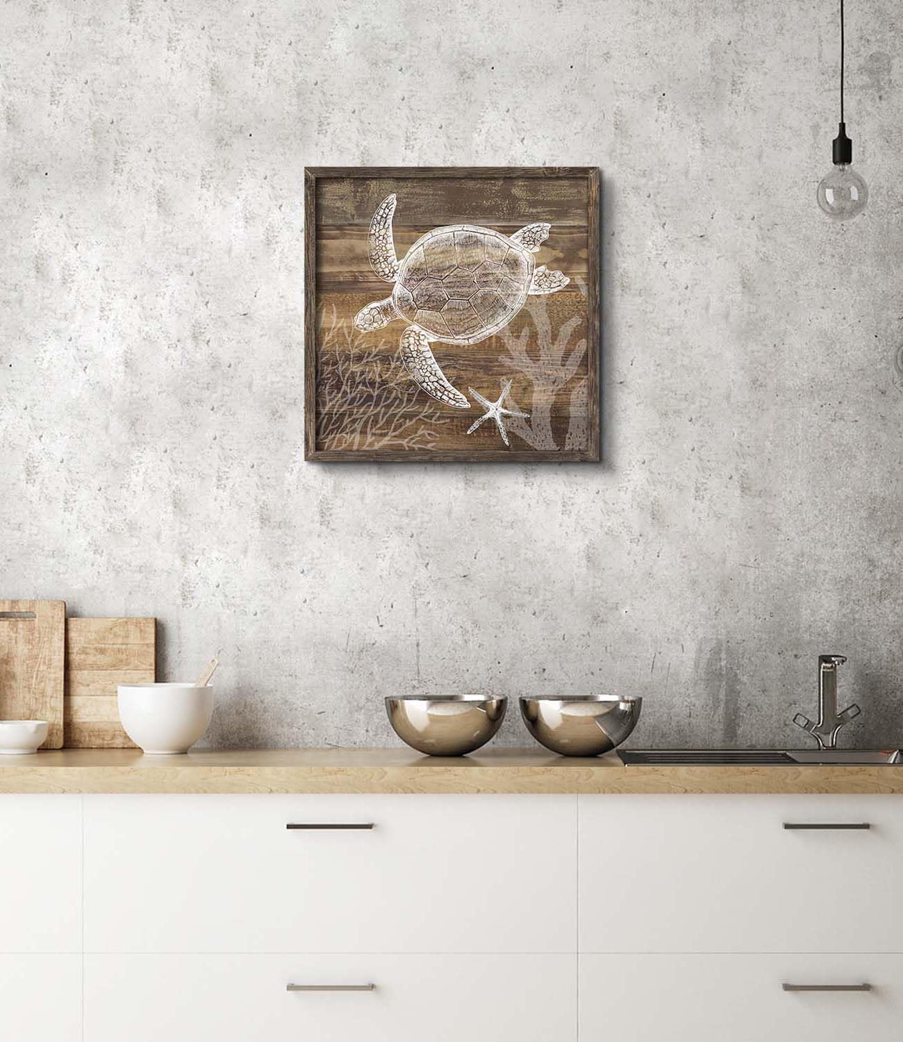 Inpraradiso Sea Wall Art Decor Picture: Bathroom Ocean Theme Wood Print Decor Turtle Marine Life Underwater Painting Rustic Beach Coastal Animal Artwork for Living Room Bedroom Office 16x16 Inch