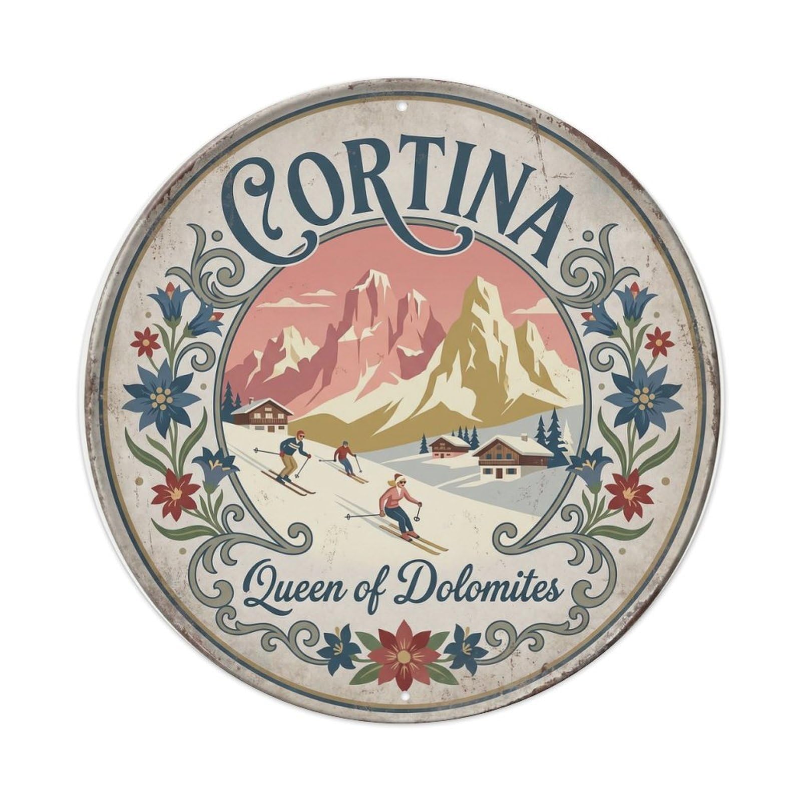 Vintage Travel Cortina Italy Dolomites Metal Tin Sign Plaque Wall Decor for Cafe, Club Bar, Office, Home Garden Round Metal Poster 8x8Inch