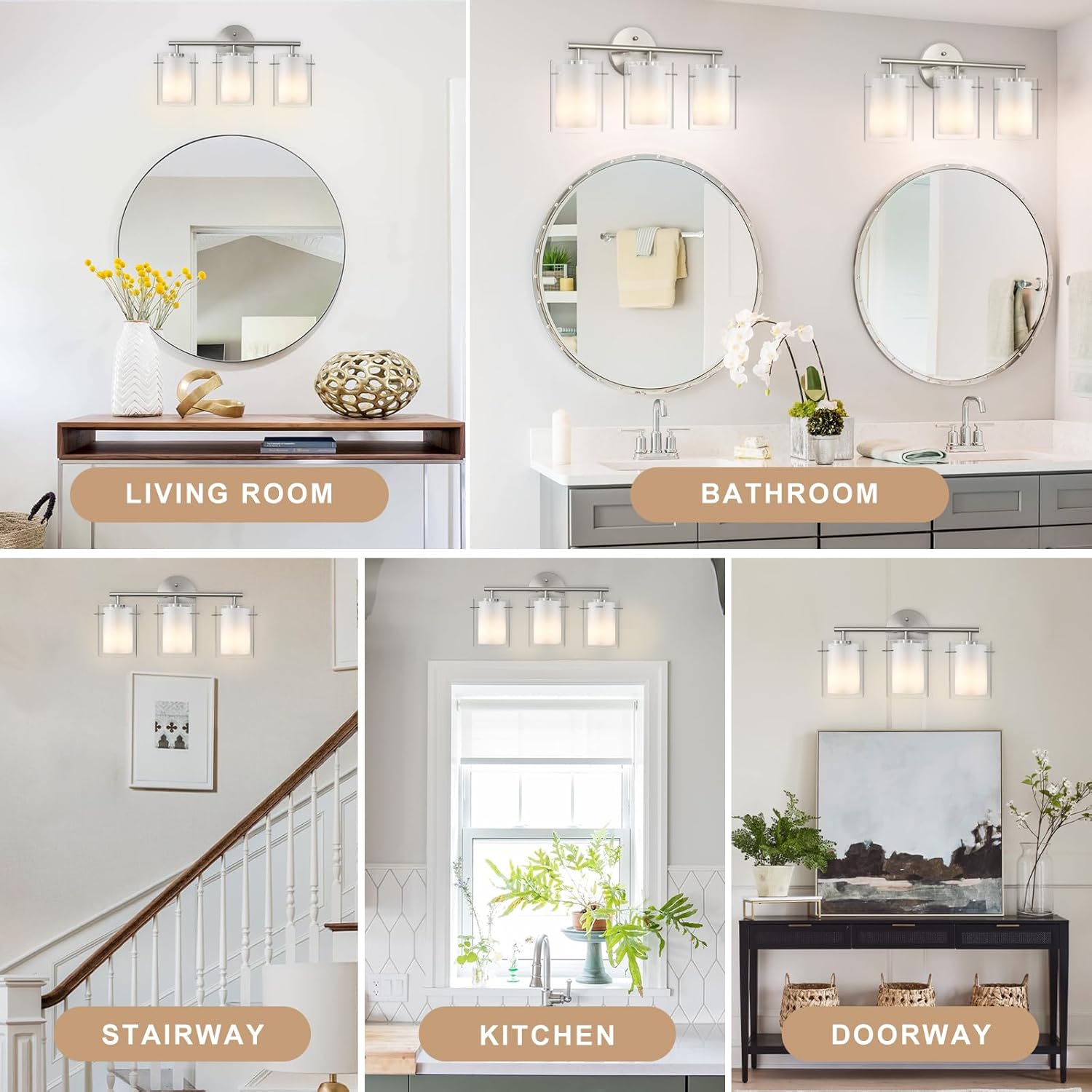 Brushed Nickel Bathroom Light Fixtures Over Mirror, 3-Light 20-Inch Vanity Lights with Dual Glass Shades, Eye-Friendly Modern Vanity Lights for Bathroom Bedroom Living Room Hallway