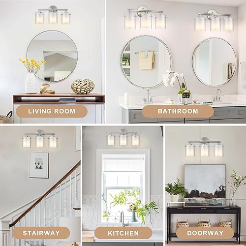 Miniatura 8 de Lámparas de baño de níquel cepillado sobre el espejo, 3 luces de tocador de 20 pulgadas con dos pantallas de vidrio, luces de tocador modernas