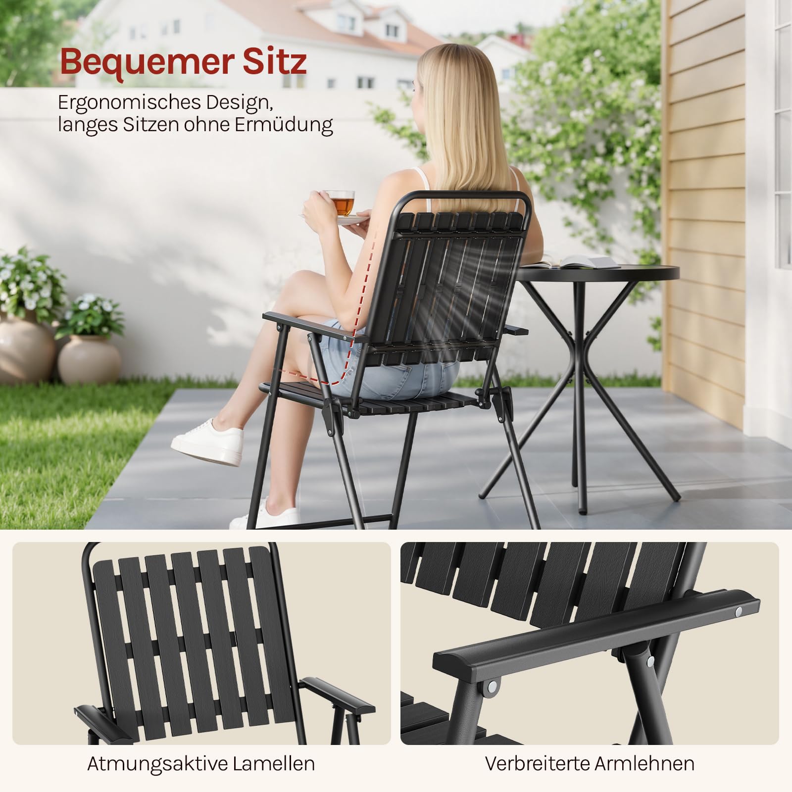 WOLTU Balkonmöbel 3 teilig Balkonstuhl Klappbar mit Balkontisch Runder Bistrotisch mit 2 Stühlen Gartenstühle bis 160 kg belastbar Wetterfest & Stabil, Gartenmöbel für Balkon Terrasse Garten, Schwarz