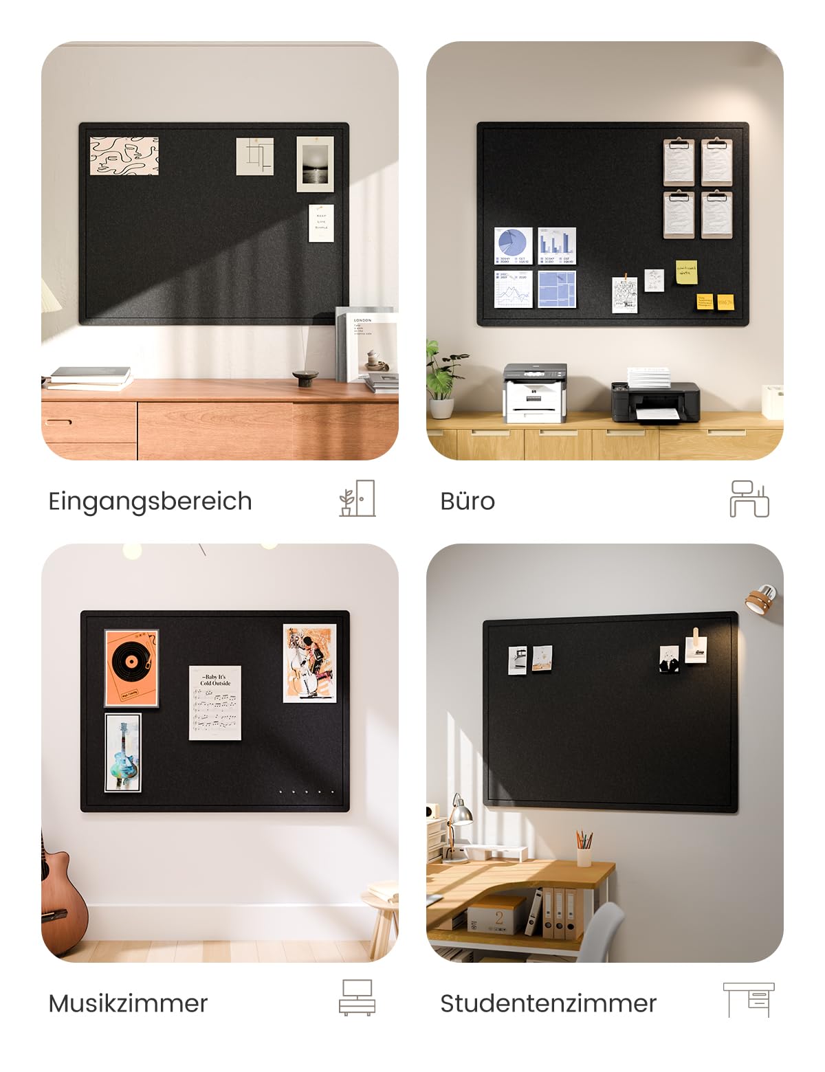 Fluxynara Filz Pinnwand 120 x 90 cm, Korktafel-Alternative mit 24 abnehmbaren Klebepads, faltbares Filz-Memoboard, Visionboard & Fotowand für Büro, Homeoffice, Kinderzimmer & Flur — Schwarz