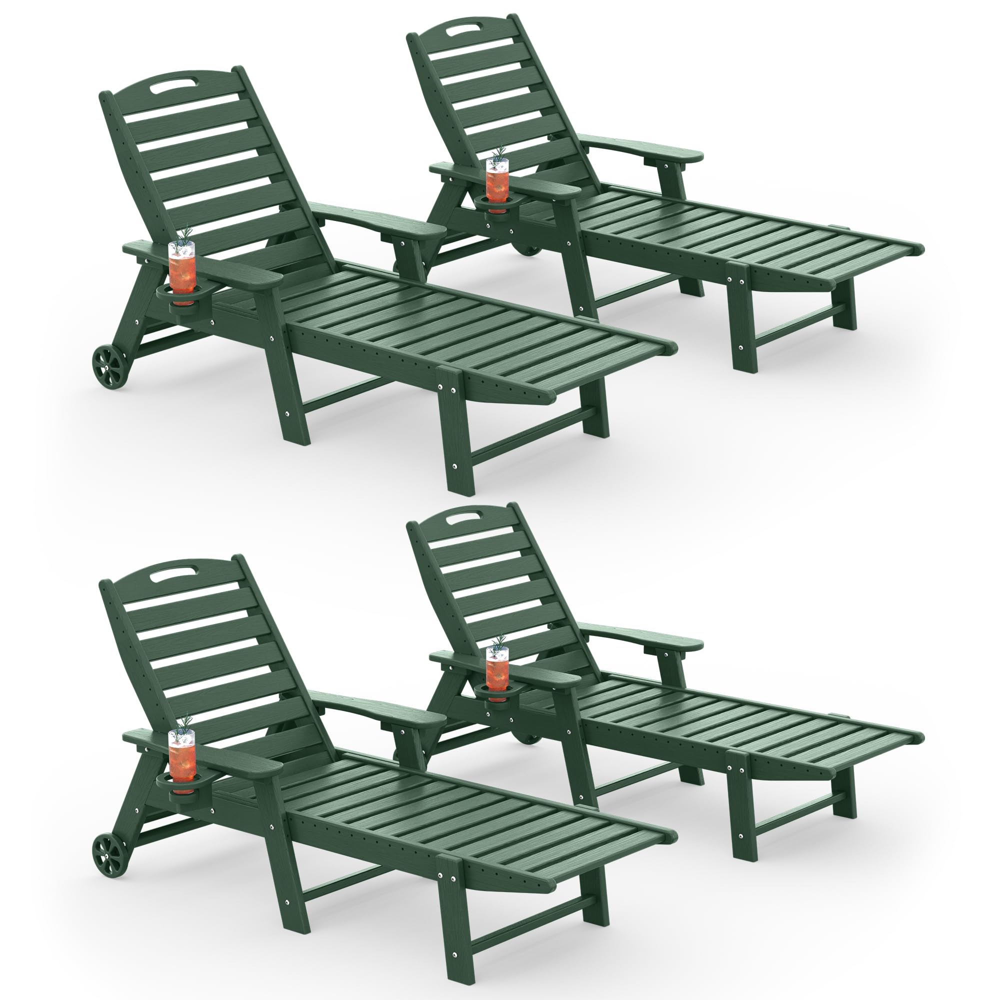 Chaise Lounge Outdoor Set of 4, Lounge Chair Outdoor with Wood Texture, Adjustable 5-Position Backrest, HDPE Lounge Chair with Wheels &amp; Cup Holder for Pool Deck Backyard, Green