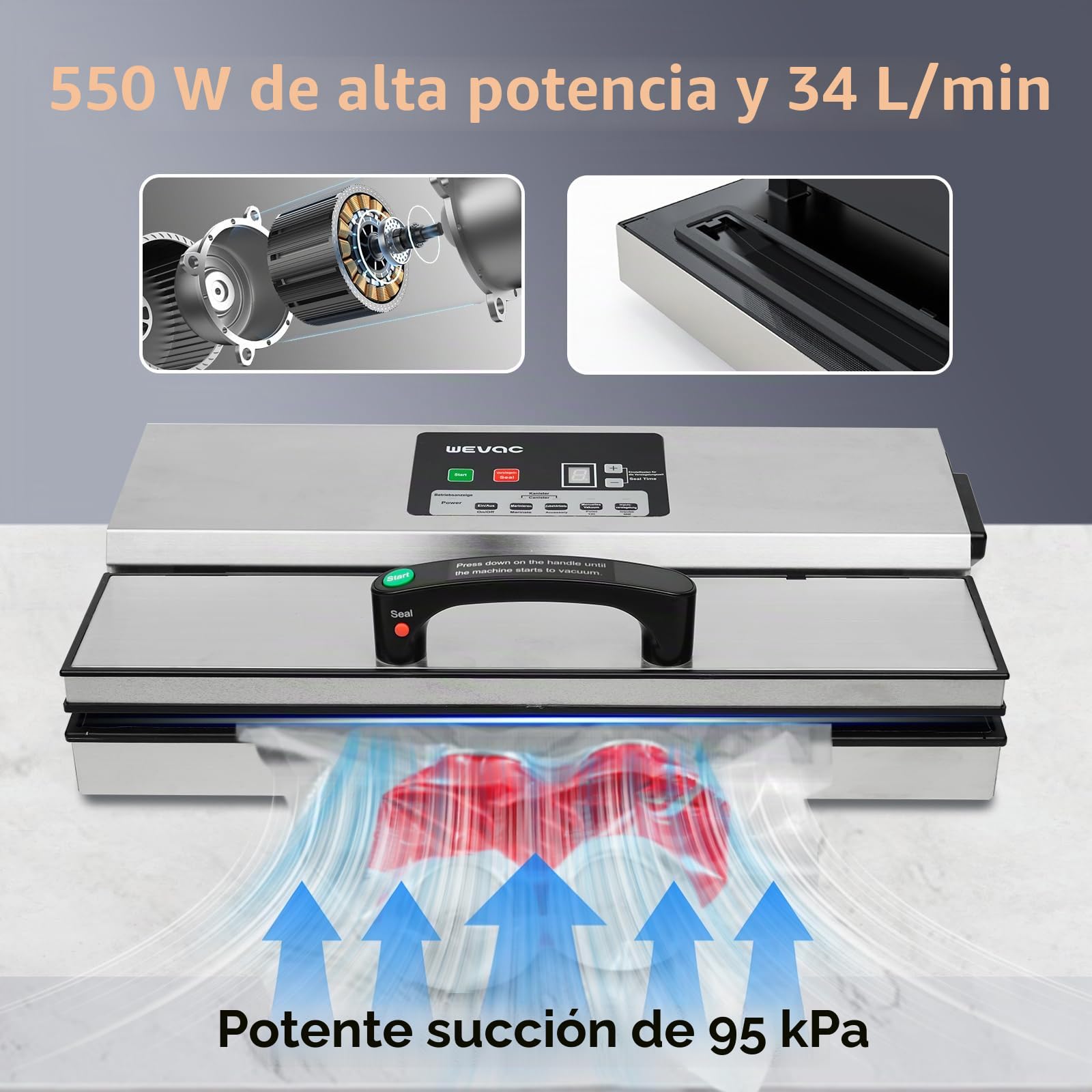 Wevac Máquina selladora al vacío de alimentos de 95 kpa, 550 W, potente operación con una sola mano, 12 en 1, sellador de alimentos con tanque de líquido para uso comercial o doméstico