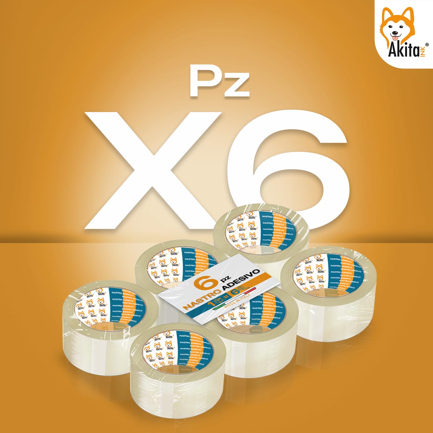 AKITAInk Nastro Adesivo Trasparente per Imballaggio 6 Rotoli – 50mm x 66m x 76mm – PP Silenzioso, Alta Aderenza, Resistente a Strappi – Ideale per Pacchi, Scatole, Spedizioni e Trasloco