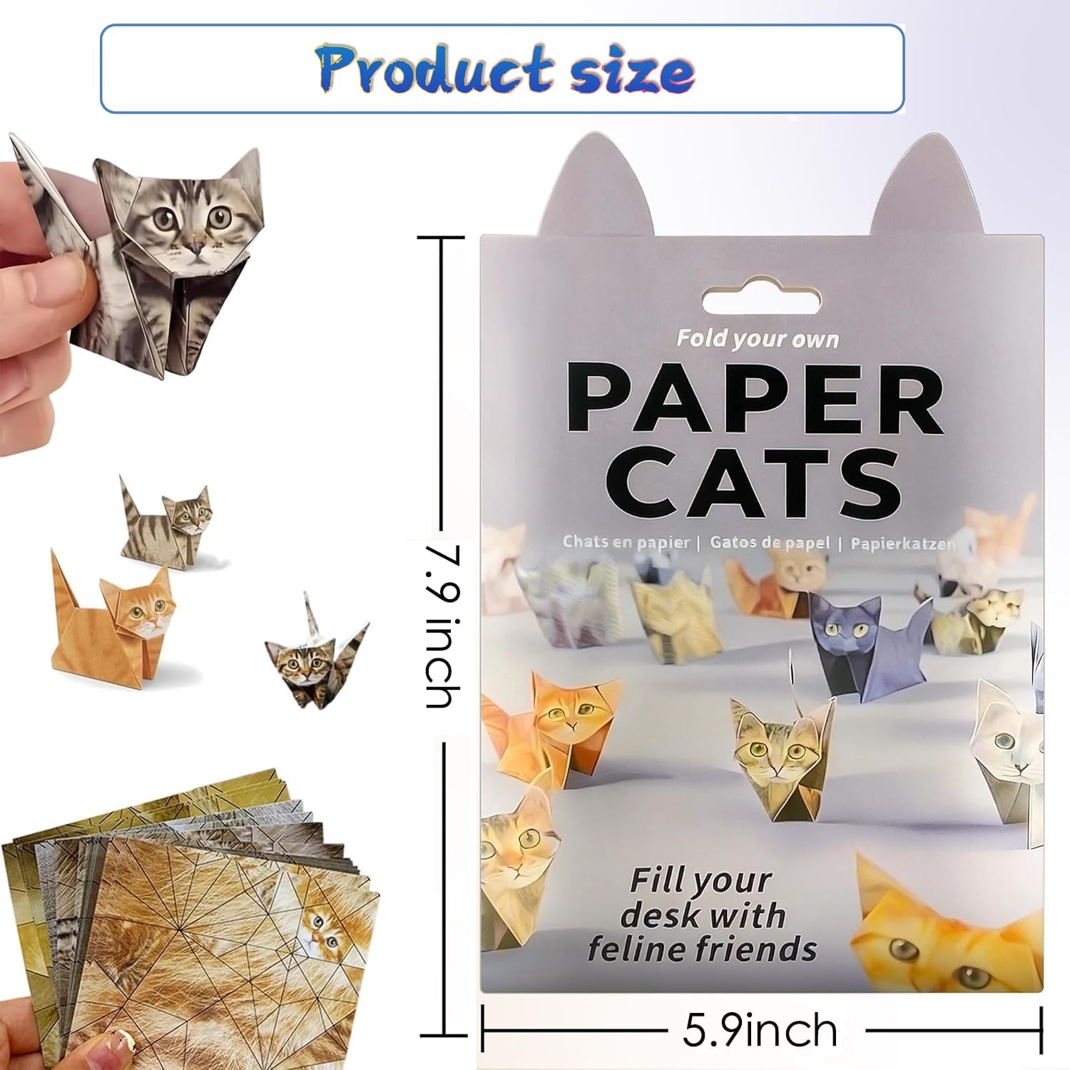 DIY Paper Cats Kit, 50 Sheets DIY Origami Paper to Fold Cute Cat Figures, Desk Decor and Gift for Pet Lovers (Cat)