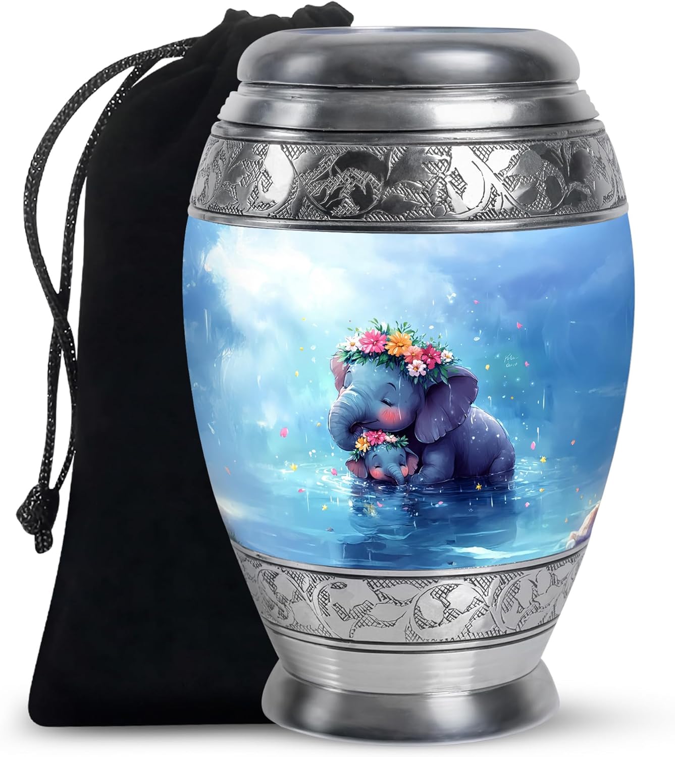 Elephant Adult Urns for Human Ashes Men and Women - Colorful Flowers Ash Urns for Humans - Blue Memorial Urn for Ashes Adult Female 10 Inch - Large Urn for Dad and Mom, Funeral Gift
