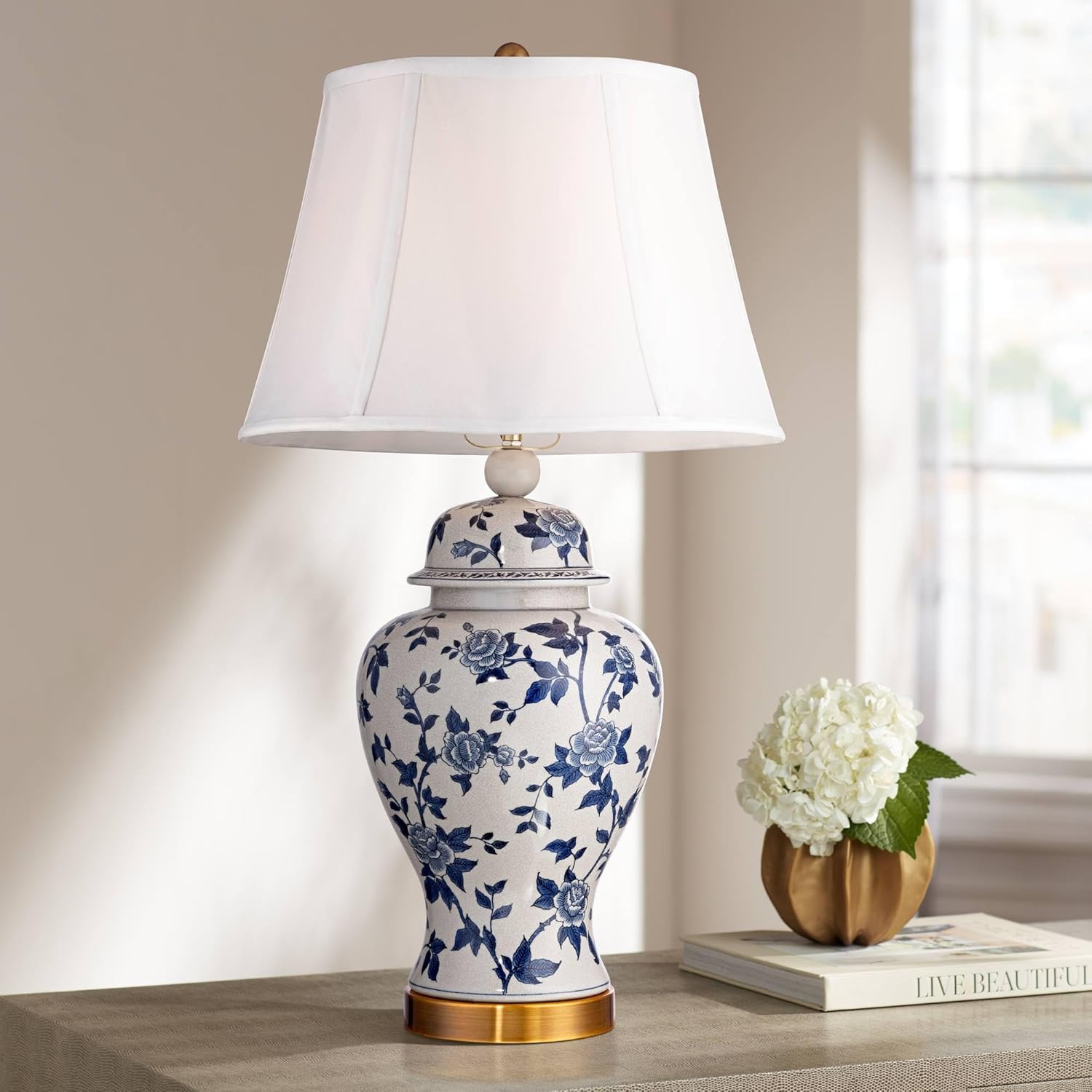 Blue and White Ceramic Temple Jar Table Lamp with Bell Shade