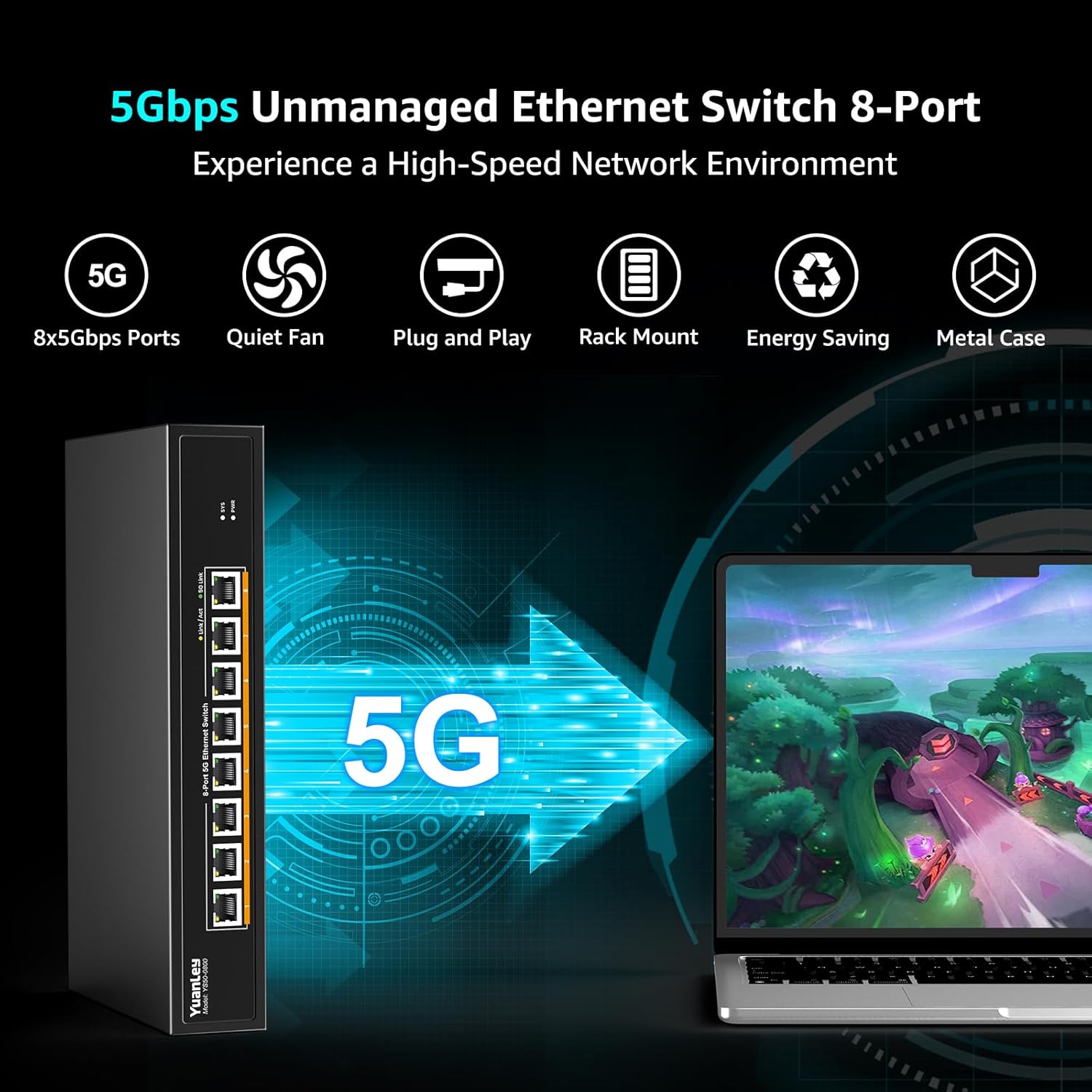 YuanLey 8-Port 5G Ethernet Switch, 8 x 5Gbps RJ45 Ports, Support 5G/2.5G/1G/100Mbps Speed Auto-Negotiation, 80Gbps Switching Capacity, Unmanaged Switch Rackmountable, Plug and Play