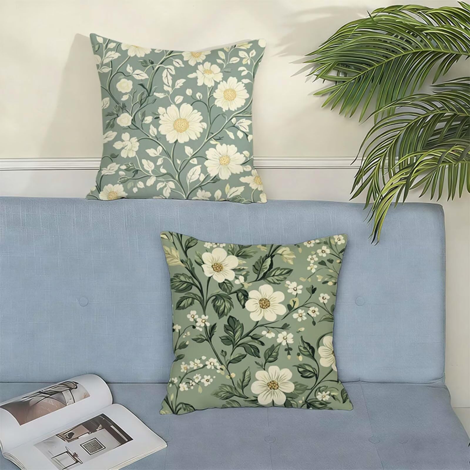Juego de 2 Funda Cojin 80x80 cm Verde Salvia,Cuadrada Impermeable Fundas Cojines Rural Lino Impresión a Doble Cara con Cremallera Oculta,Apto Todas las Estaciones Funda Almohada para Sofá Salón X-259