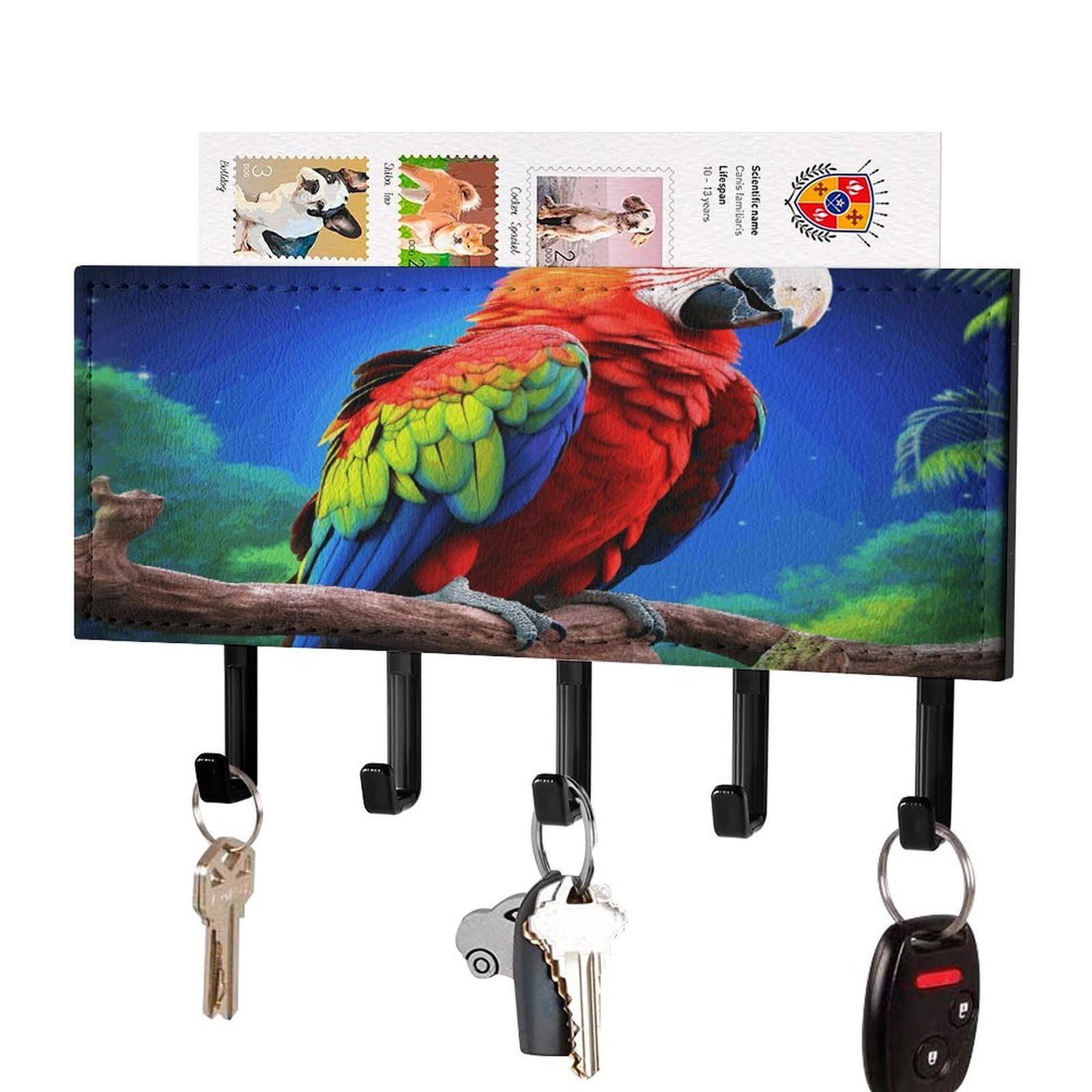 JTREHY Parrot Key Holder Wall Mount Decorative Key and Mail Holder PU Leather Adhesive Key Organizer Hanging Key Hooks Wall Shelf with 5 Hooks for Entryway Hallway Office