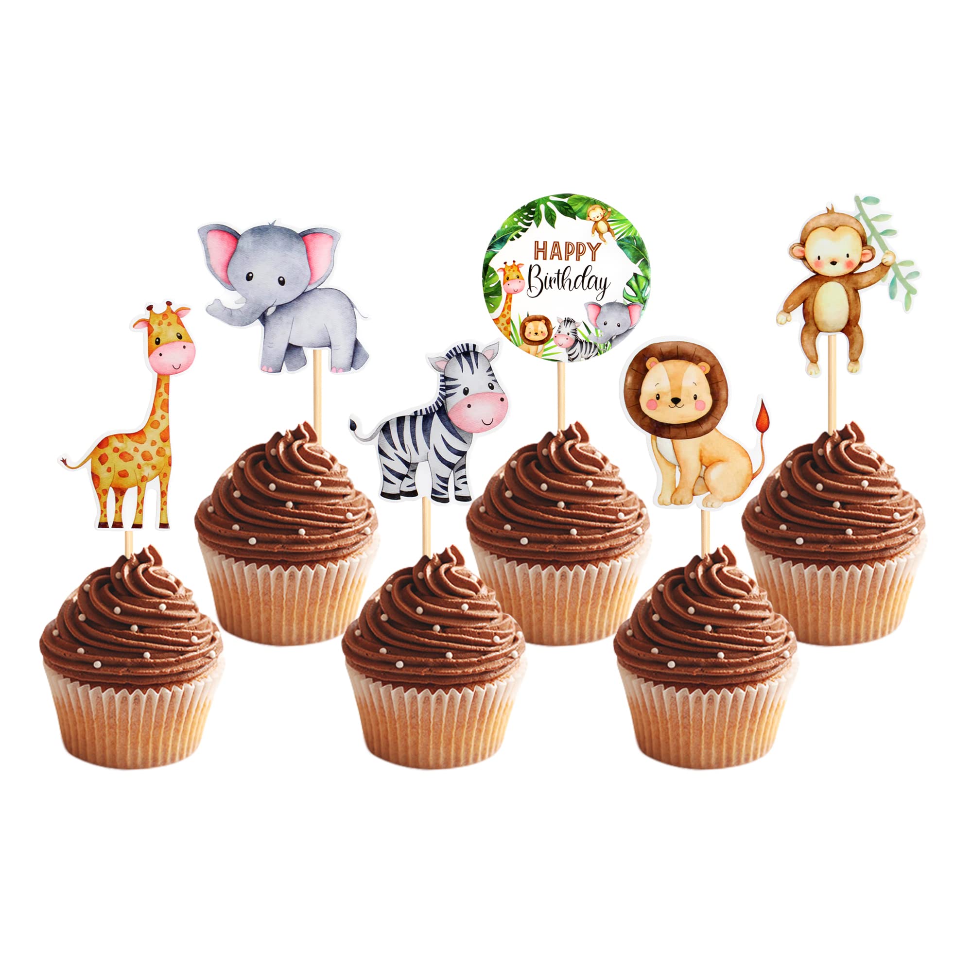 24 Stück Jungle Safari Animal Cupcake Toppers Happy Birthday Cake Decor für Kinder Wild Jungle Animal Theme Birthday Party Supplies Feiern Party Events Baby Shower