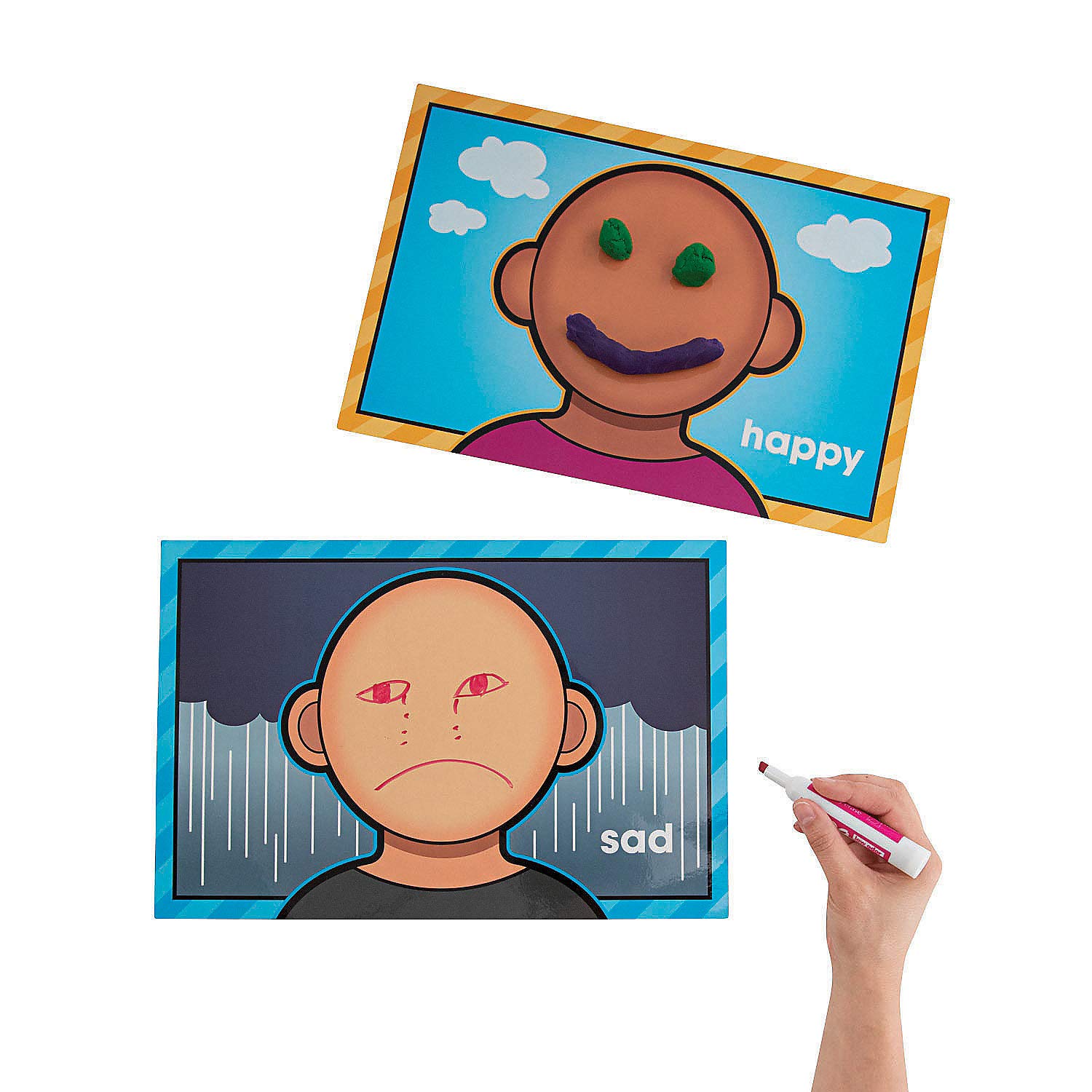 Fun Express Emotion Faces Laminated Dry Erase Play Mats - Photo of Child Expressing Emotions - Calming Toys for Kids - Social Emotional Learning - 24 Pieces