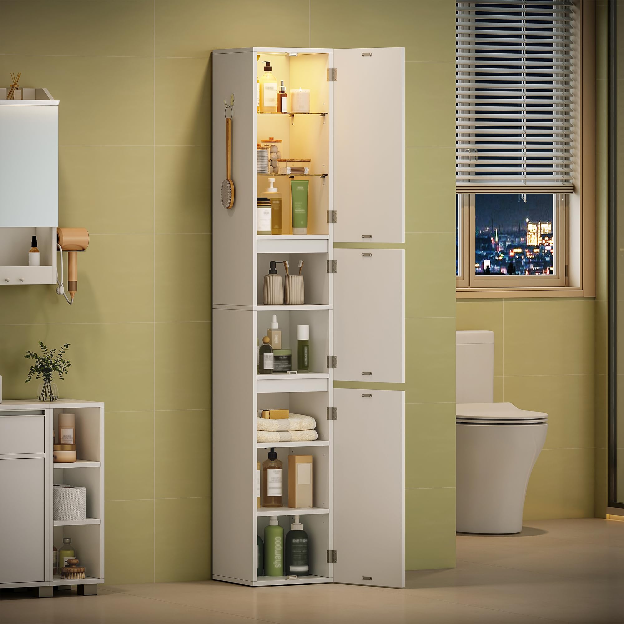 HEXCELEN Armario de Baño con Iluminación, Mueble de Almacenamiento, Mueble de Almacenamiento con Estantes de Cristal Ajustables, Tres Puertas Reversibles, Adecuado para Espacios Pequeños, Blanco