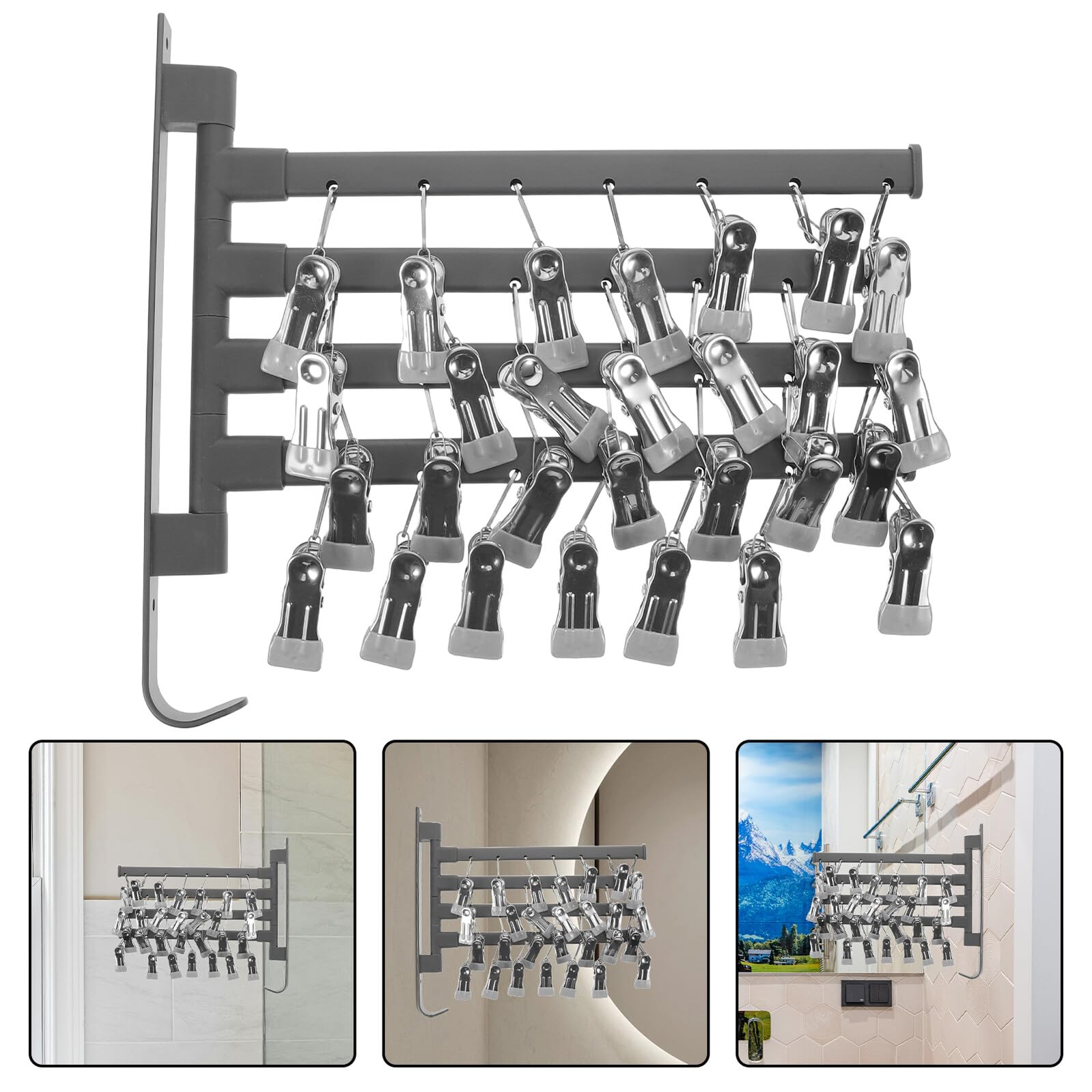 Stendibiancheria a Parete Antivento con 28 Clip per Calzini, Supporto Girevole e Robusto in Metallo, Appendiabiti Salvaspazio per Uso Interno ed Esterno, per Balcone e Lavanderia