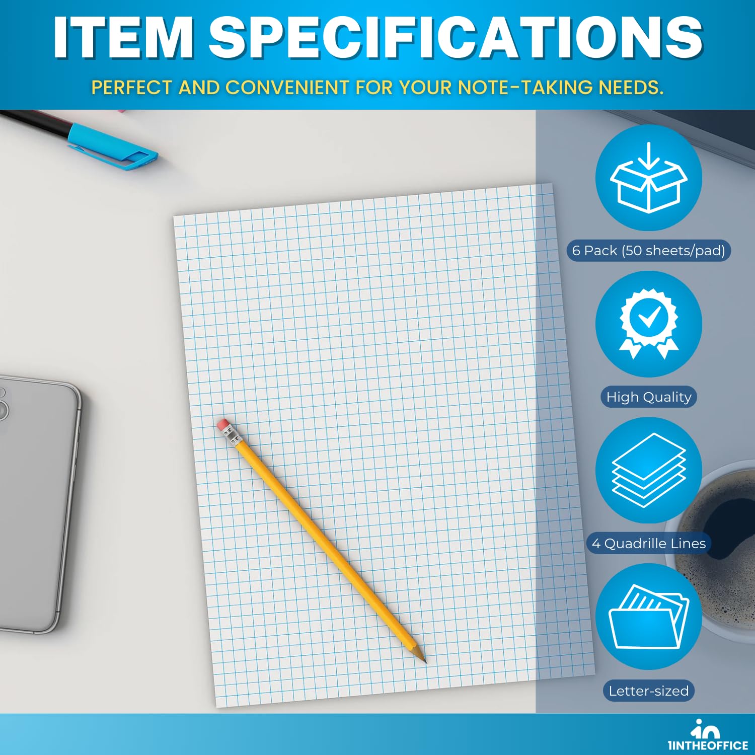 1InTheOffice Graph Pads, 21,6 x 27,9 cm, Quadrille Pad 8,5 x 11, 50 Blatt/Block, 6 Blöcke pro Packung