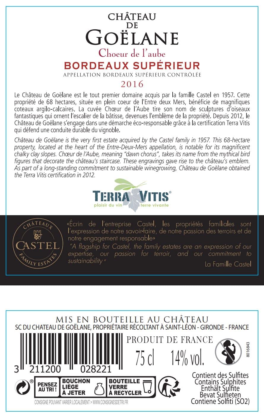 Château de Goëlane Chœur de l'Aube – Rotwein Trocken – Bordeaux Supérieur AOP – Jahrgang 2016 - Terra Vitis (6 x 0,75 l)