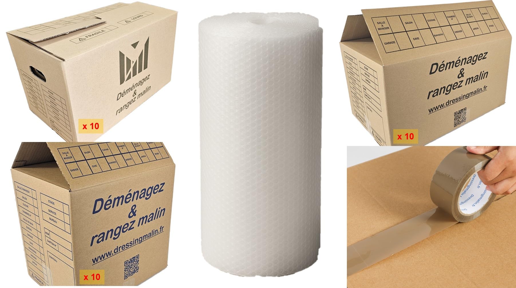 Kit Déménagement T2, 30 Cartons, Papier Bulle, Adhésif, pour Appartement 40-50 m²