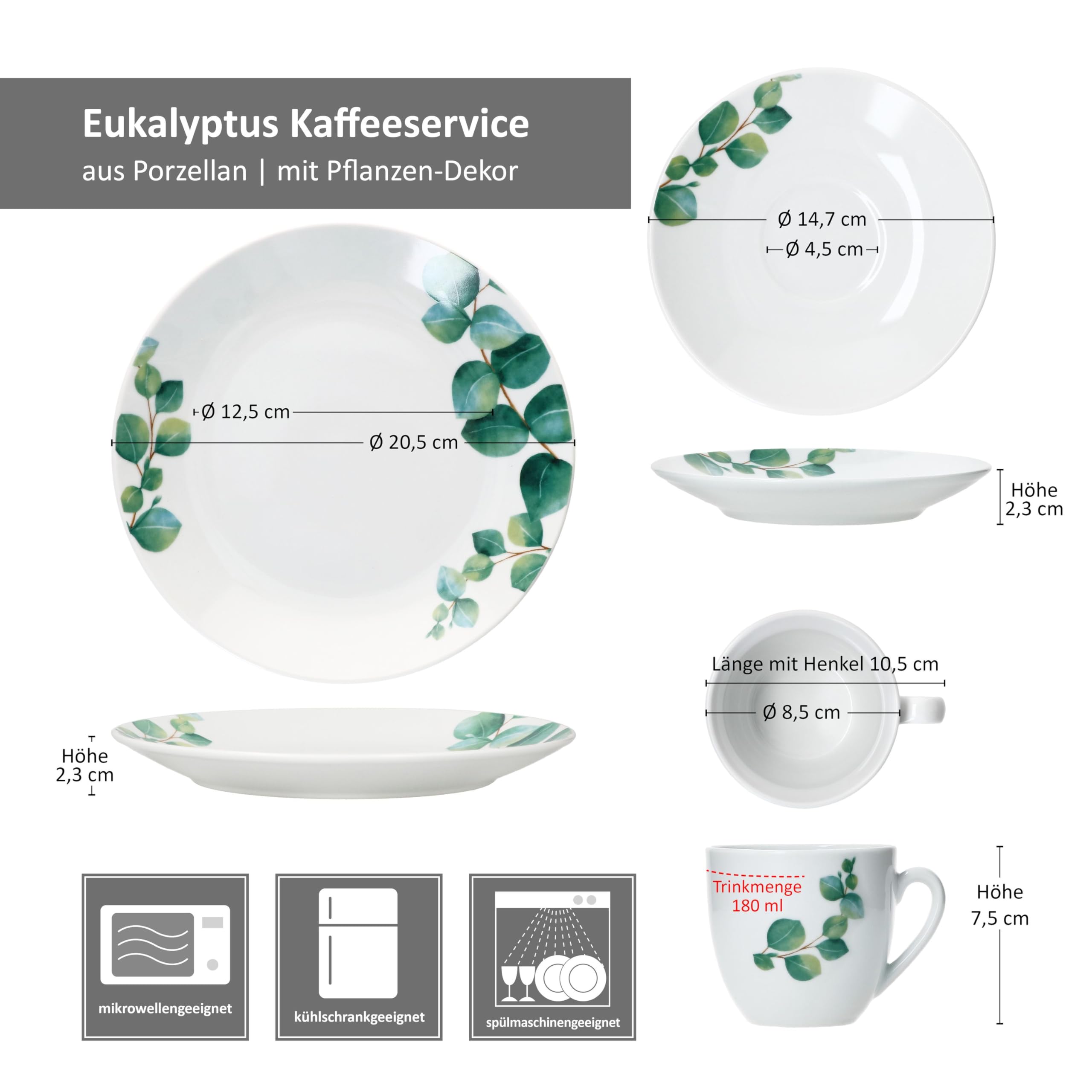MamboCat Eukalyptus 18tlg Kaffeeservice I weiße Porzellan-Kaffeeset mit grünem Pflanzen-Dekor für 6 Personen I Je 6X Tassen 180ml, Untertassen & Kuchenteller I Geschirr für Frühstück & Kaffee