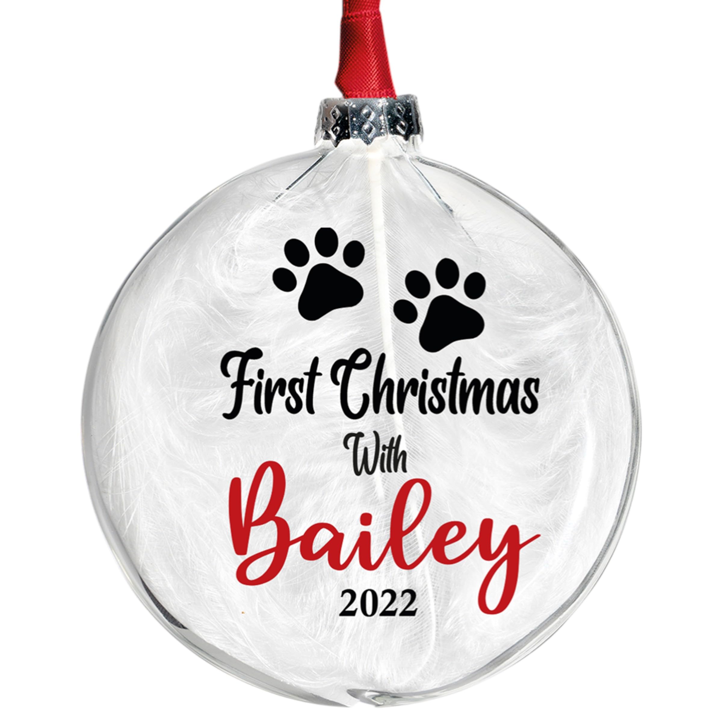 Personalised Pets 1st Christmas Bauble Puppys First Christmas Or Kittens 1st Christmas In 9 Colours White Feather or Crystal filled Pet’s 1st Christmas Tree Decoration (RED)