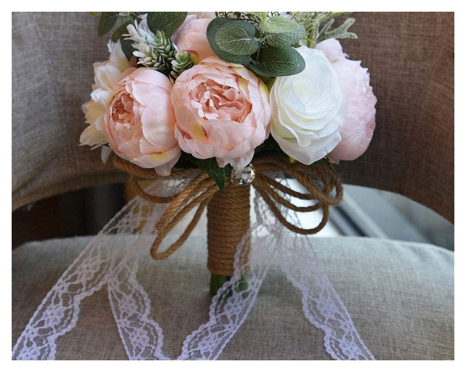 Bouquet da Sposa Romantico Fatto a Mano, Fiori Artificiali Color Champagne, Pizzo, Stile Rustico, per Contenere i Bouquet.